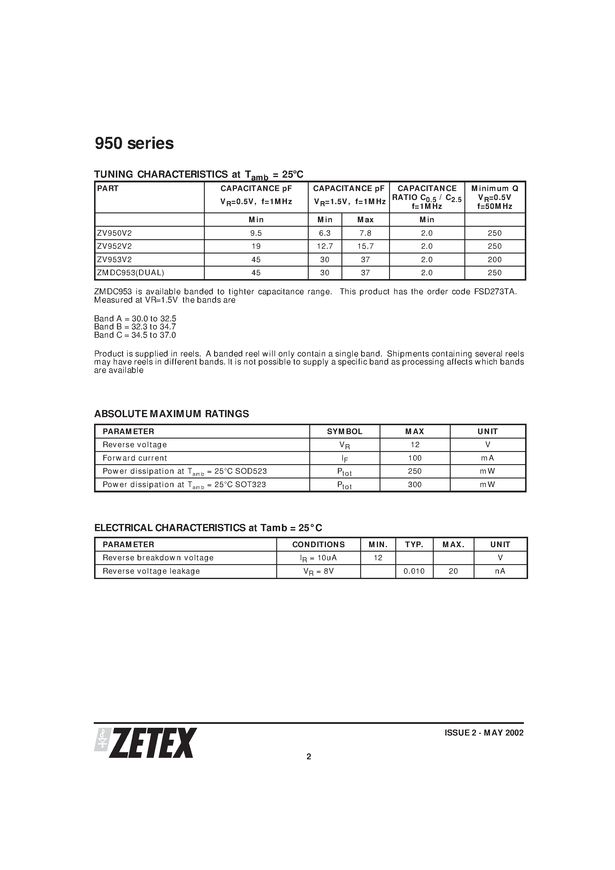 Даташит ZV950V2 - SILICON LOW VOLTAGE HYPERABRUPT VARACTOR DIODES страница 2