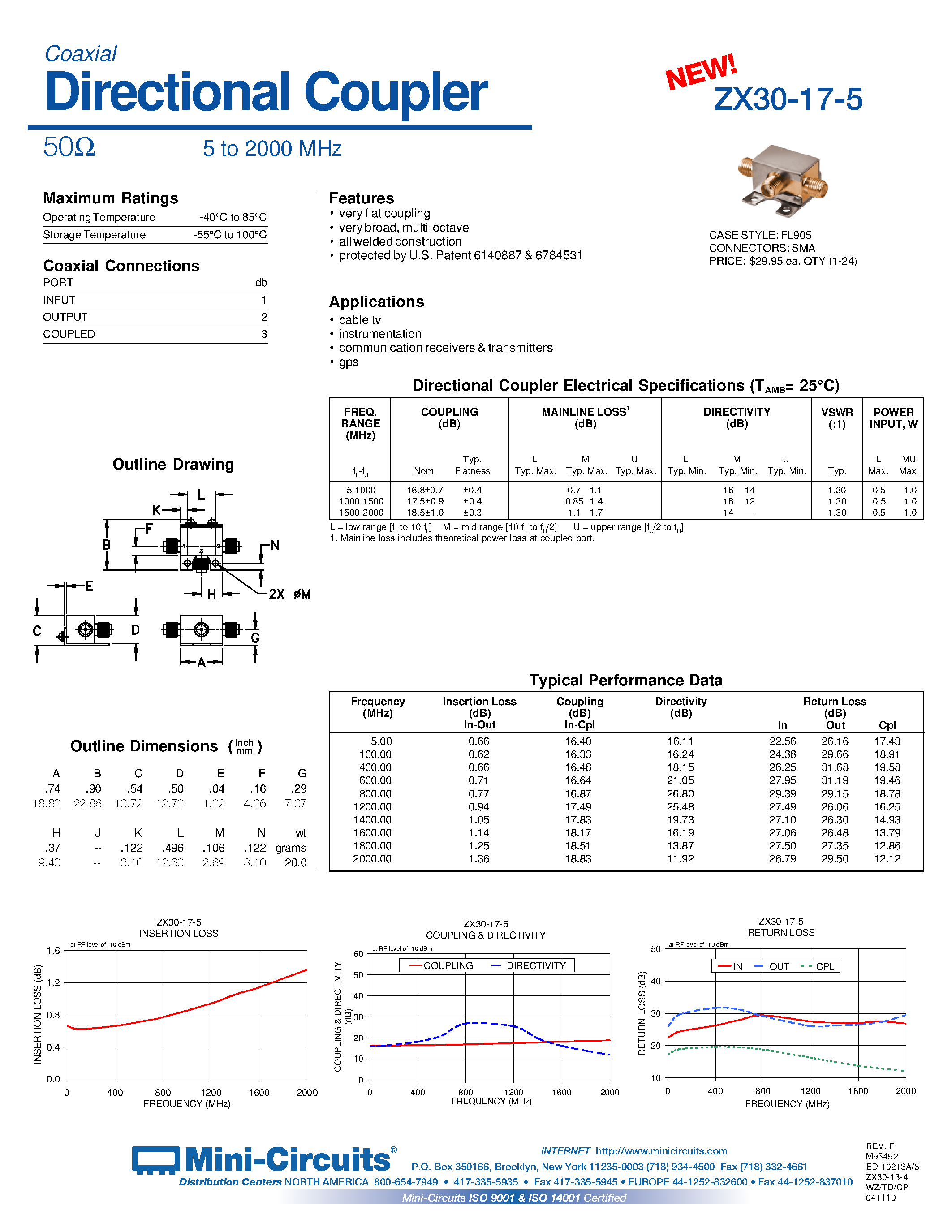 Datasheet ZX30-17-5 - Directional Coupler 50 5 to 2000 MHz page 1