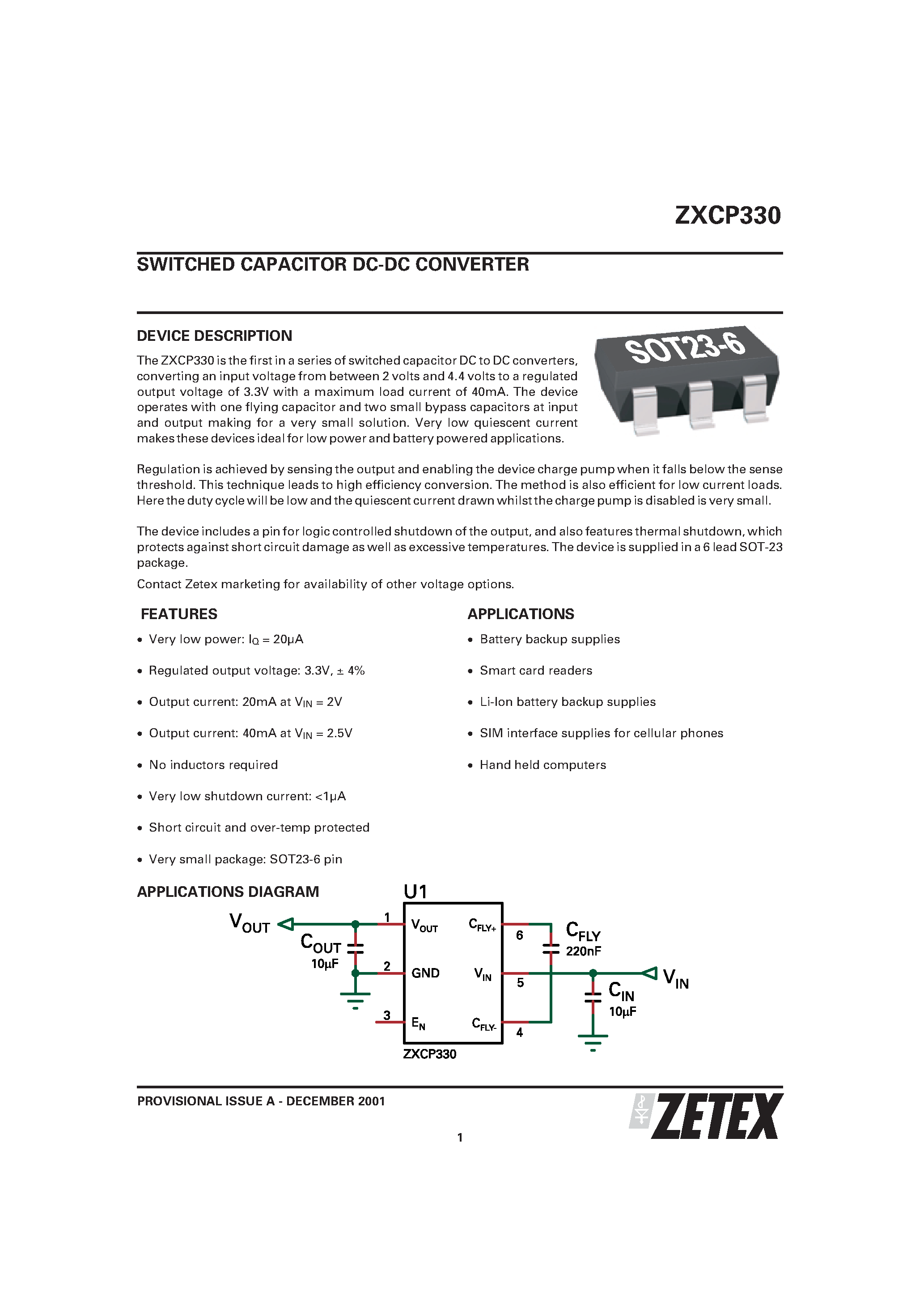 Datasheet ZXCP330 - SWITCHED CAPACITOR DC-DC CONVERTER page 1