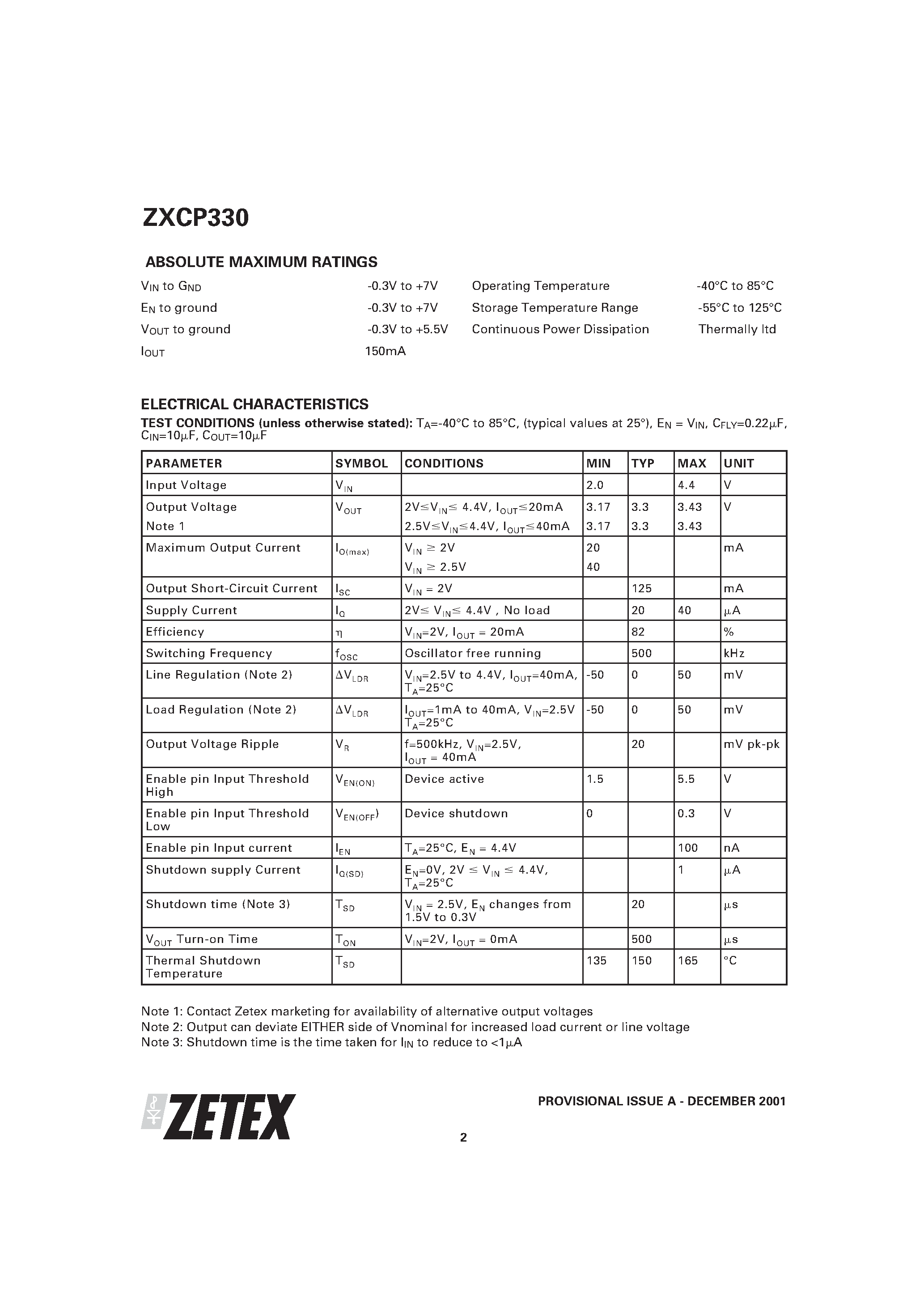 Datasheet ZXCP330 - SWITCHED CAPACITOR DC-DC CONVERTER page 2