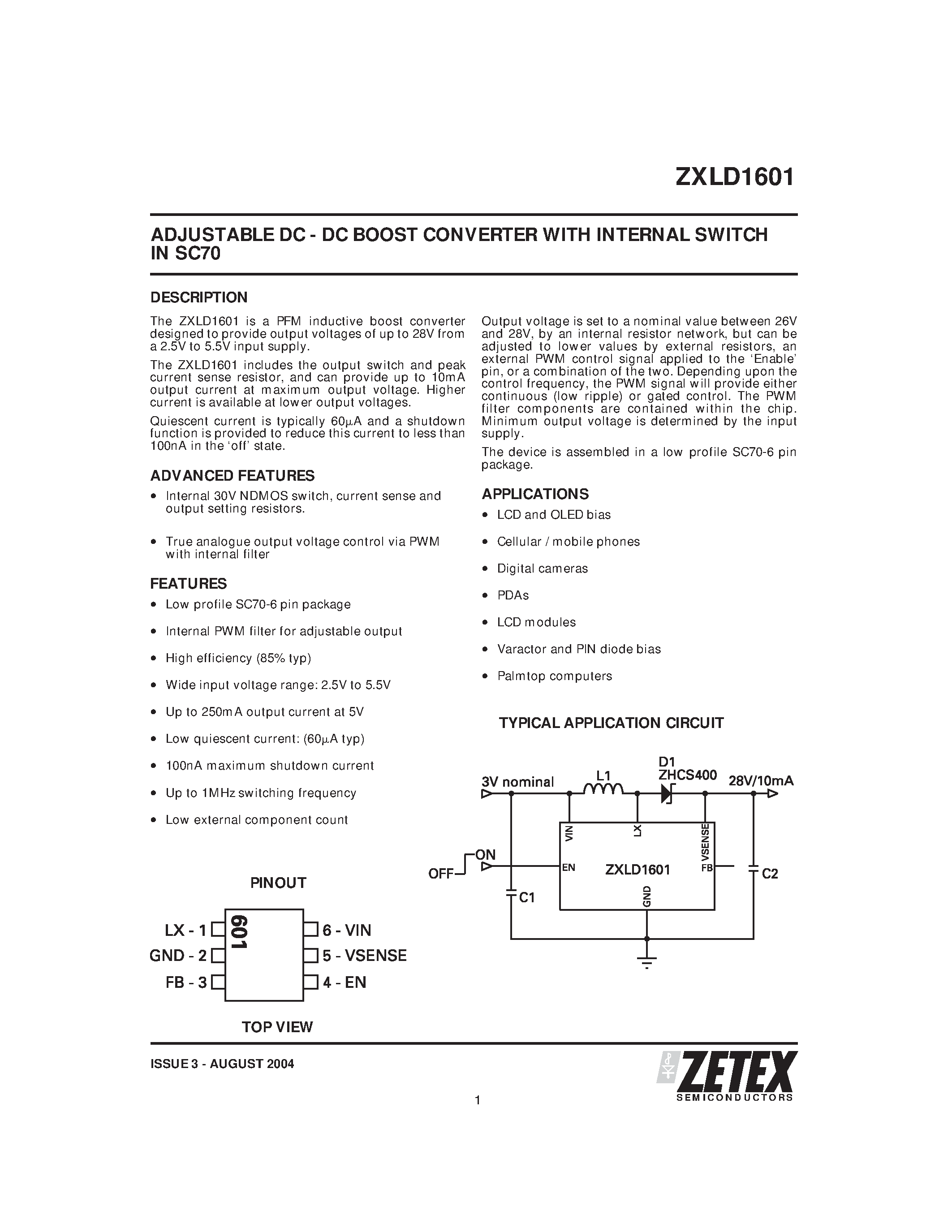 Datasheet ZXLD1601 - ADJUSTABLE DC - DC BOOST CONVERTER WITH INTERNAL SWITCH IN SC70 page 1