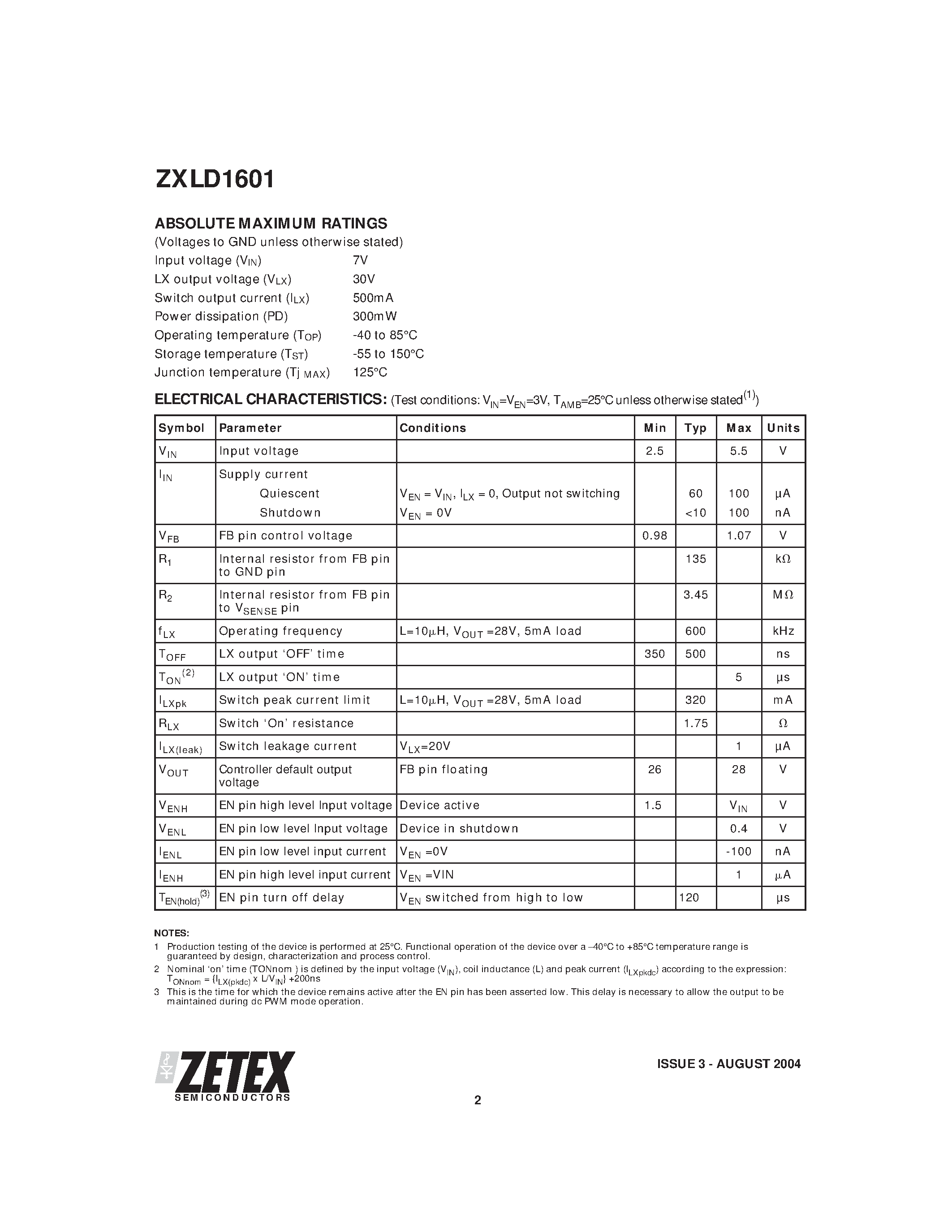 Datasheet ZXLD1601 - ADJUSTABLE DC - DC BOOST CONVERTER WITH INTERNAL SWITCH IN SC70 page 2