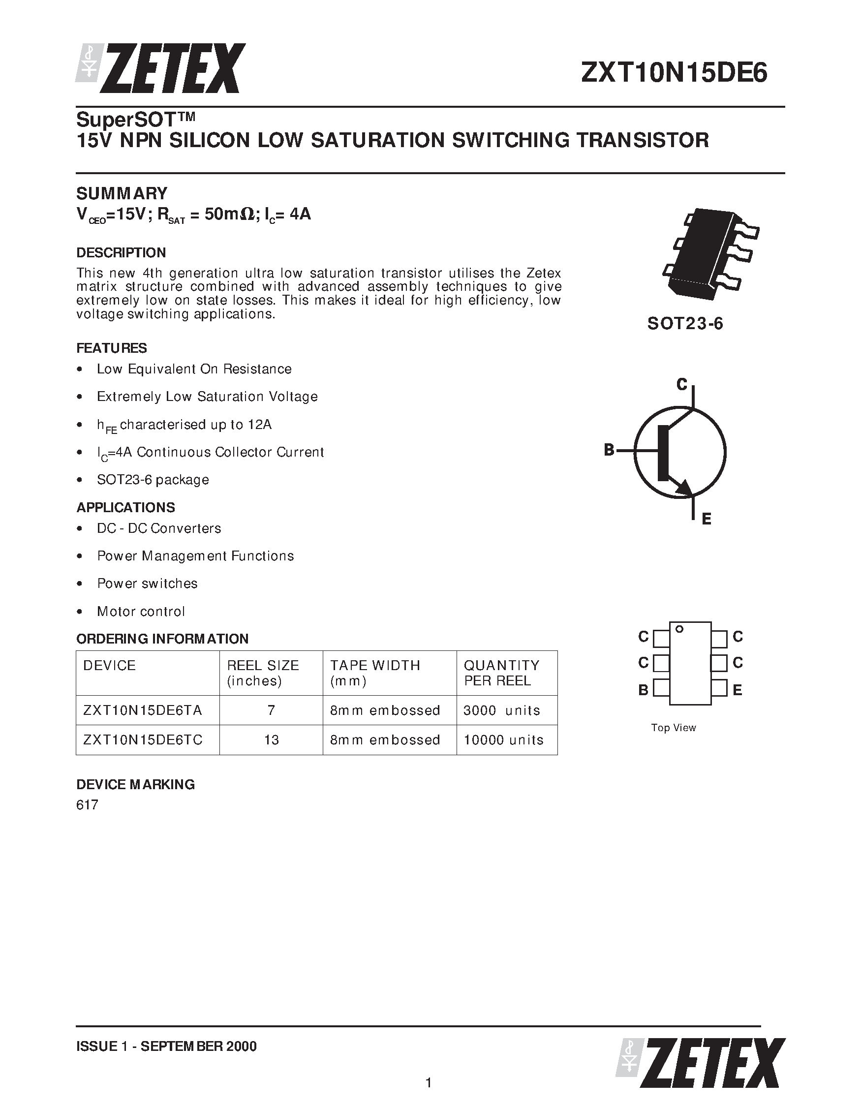 Даташит ZXT10N15DE6 - 15V NPN SILICON LOW SATURATION SWITCHING TRANSISTOR страница 1