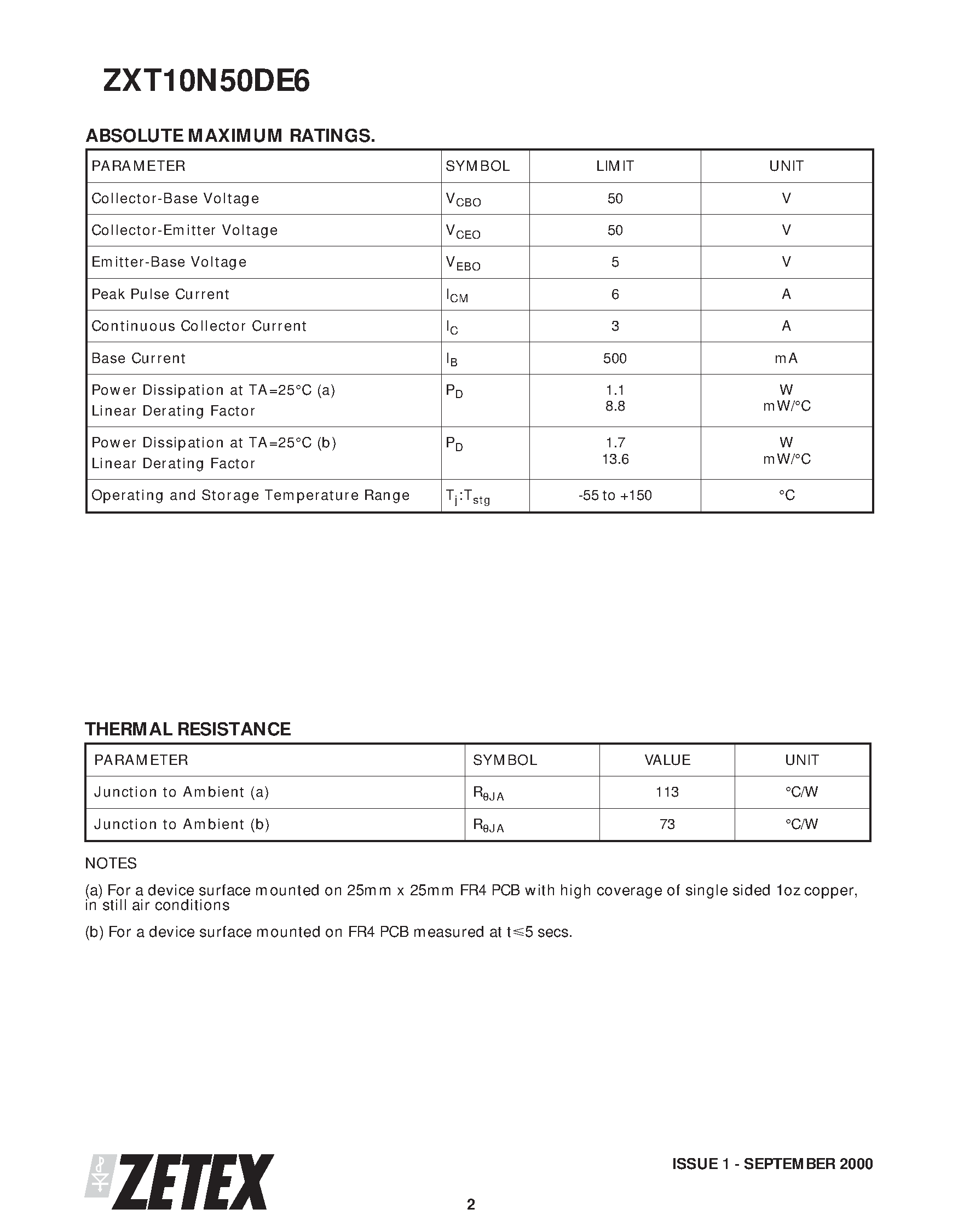 Datasheet ZXT10N50DE6 - 50V NPN SILICON LOW SATURATION SWITCHING TRANSISTOR page 2