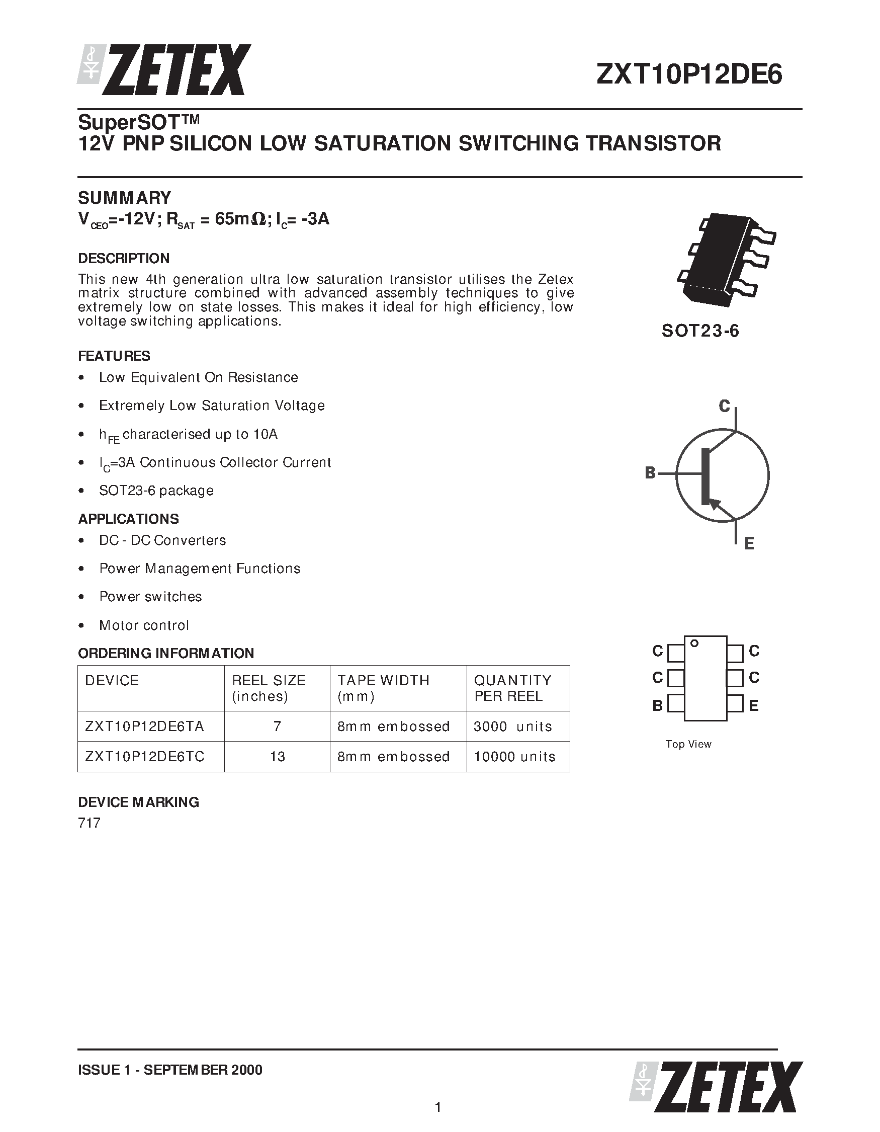 Datasheet ZXT10P12DE6 - 12V PNP SILICON LOW SATURATION SWITCHING TRANSISTOR page 1