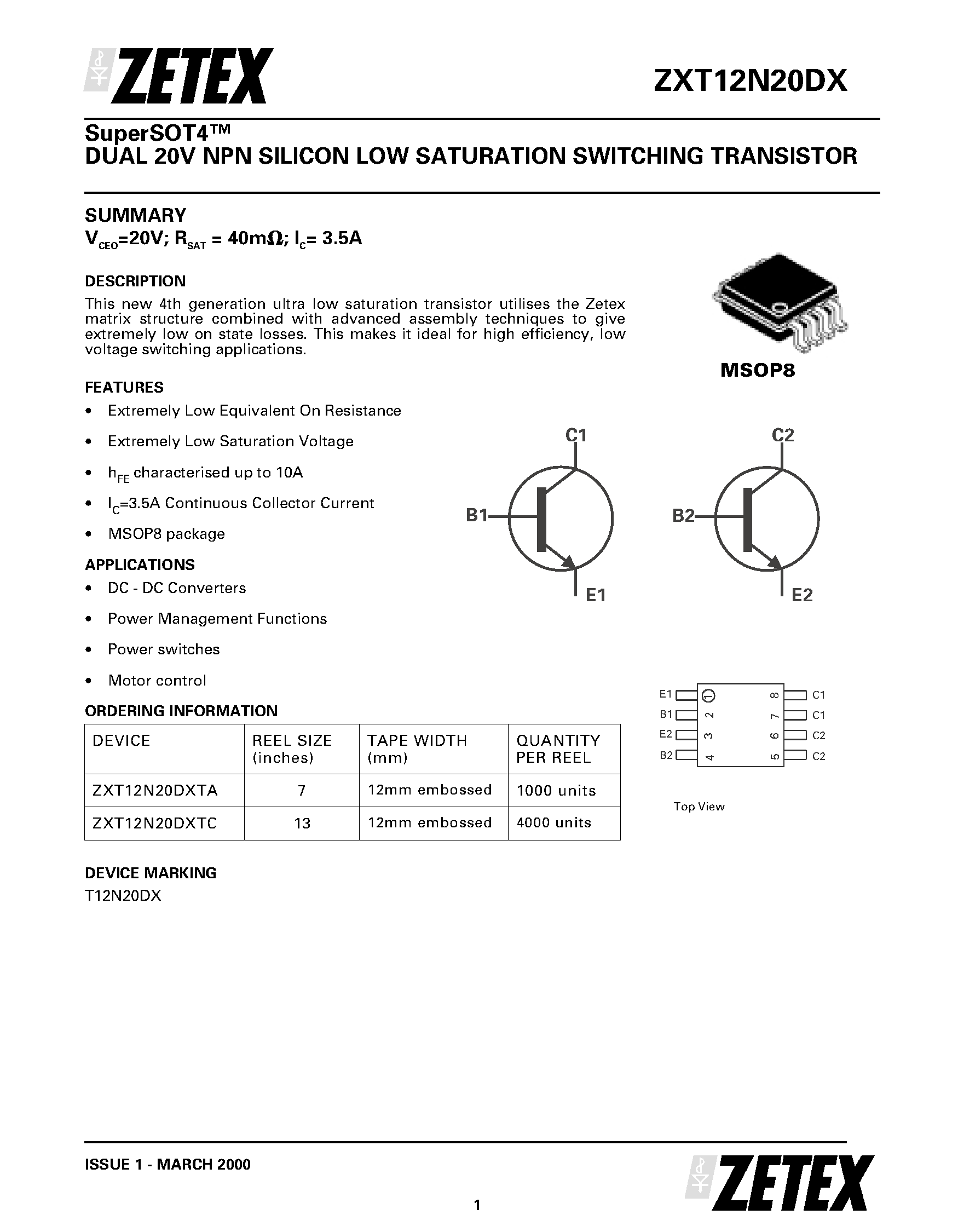 Datasheet ZXT12N20DX - DUAL 20V NPN SILICON LOW SATURATION SWITCHING TRANSISTOR page 1