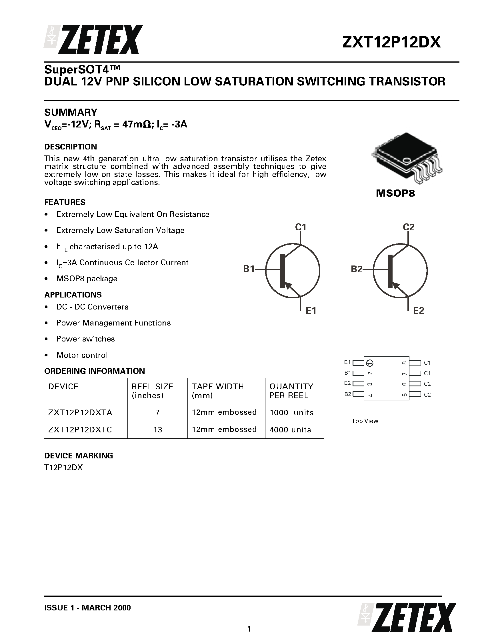 Datasheet ZXT12P12DX - DUAL 12V PNP SILICON LOW SATURATION SWITCHING TRANSISTOR page 1