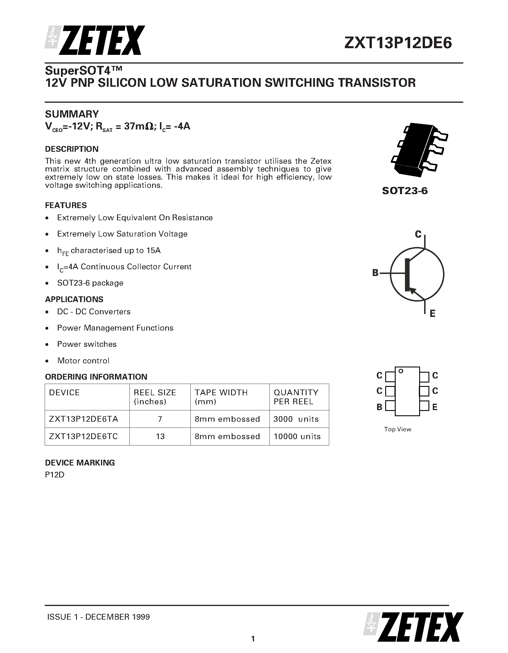 Datasheet ZXT13P12DE6 - 12V PNP SILICON LOW SATURATION SWITCHING TRANSISTOR page 1