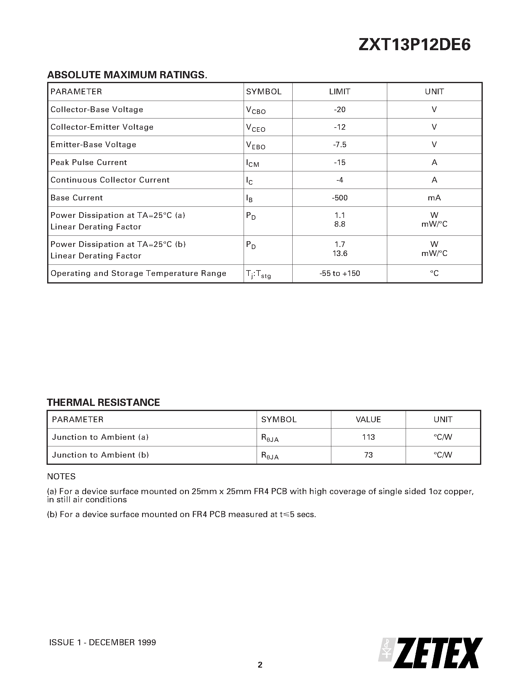 Datasheet ZXT13P12DE6 - 12V PNP SILICON LOW SATURATION SWITCHING TRANSISTOR page 2