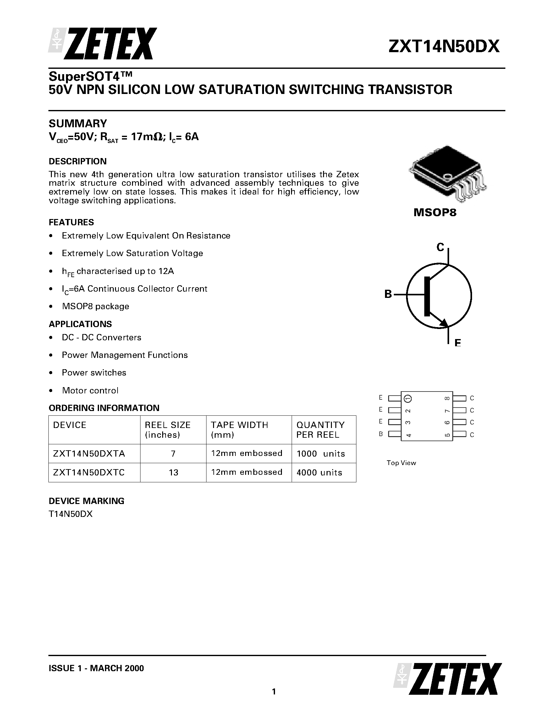 Datasheet ZXT14N50DX - 50V NPN SILICON LOW SATURATION SWITCHING TRANSISTOR page 1