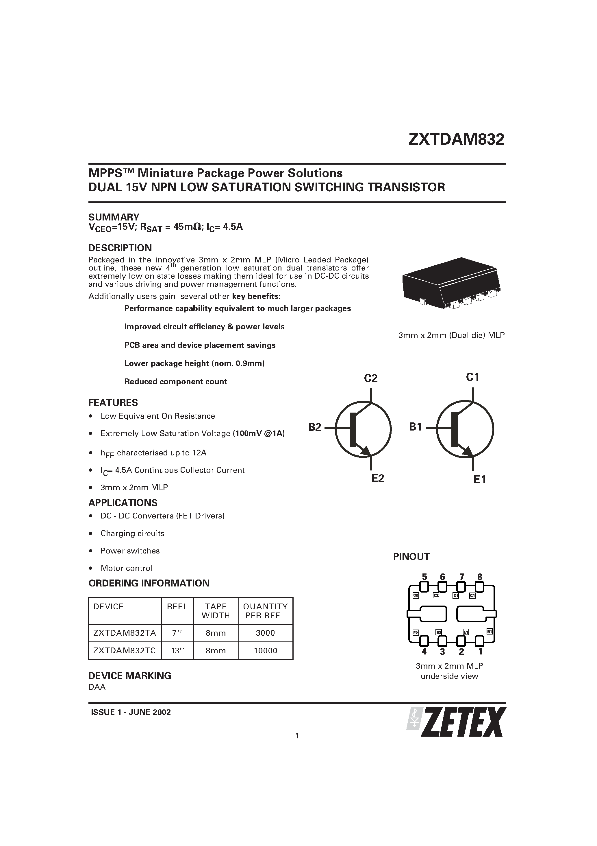 Datasheet ZXTDAM832 - MPPS Miniature Package Power Solutions DUAL 15V NPN LOW SATURATION SWITCHING TRANSISTOR page 1