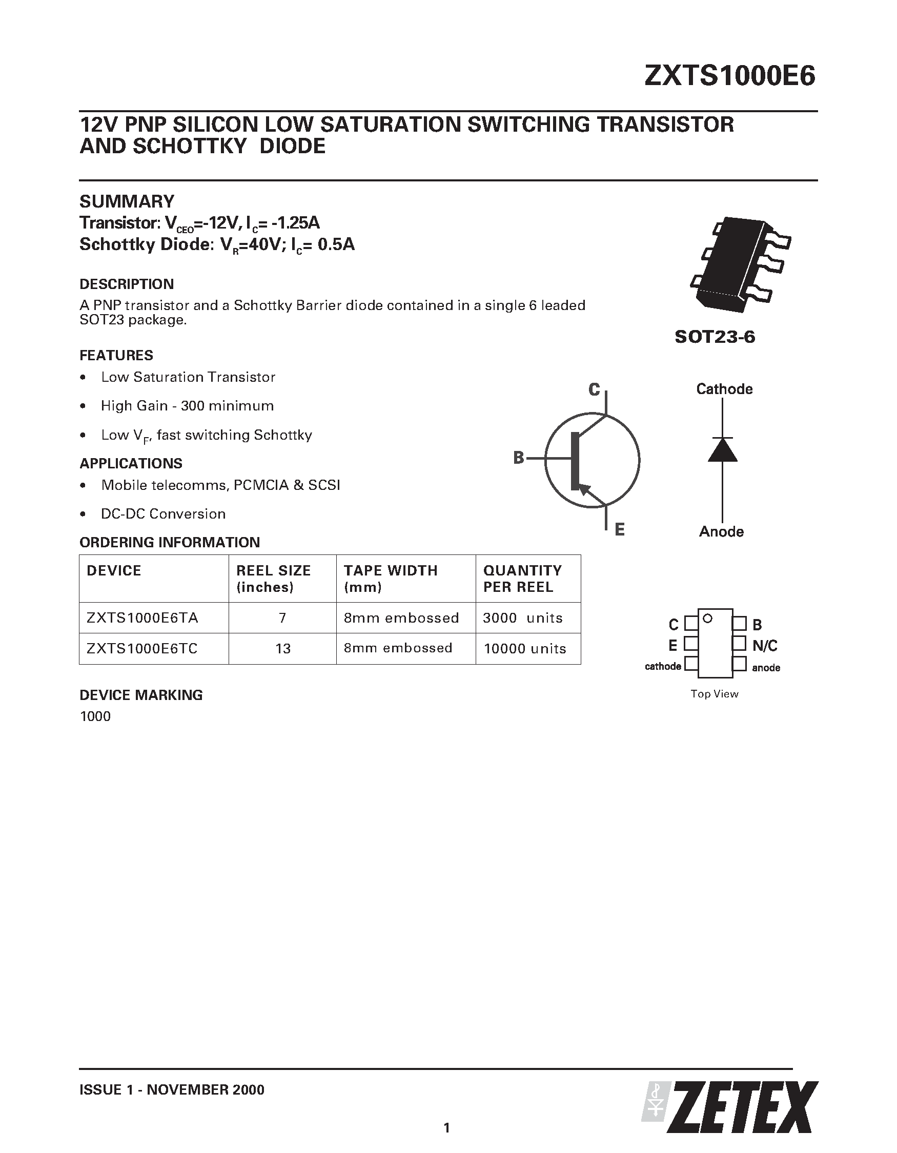 Datasheet ZXTS1000E6 - 12V PNP SILICON LOW SATURATION SWITCHING TRANSISTOR AND SCHOTTKY DIODE page 1