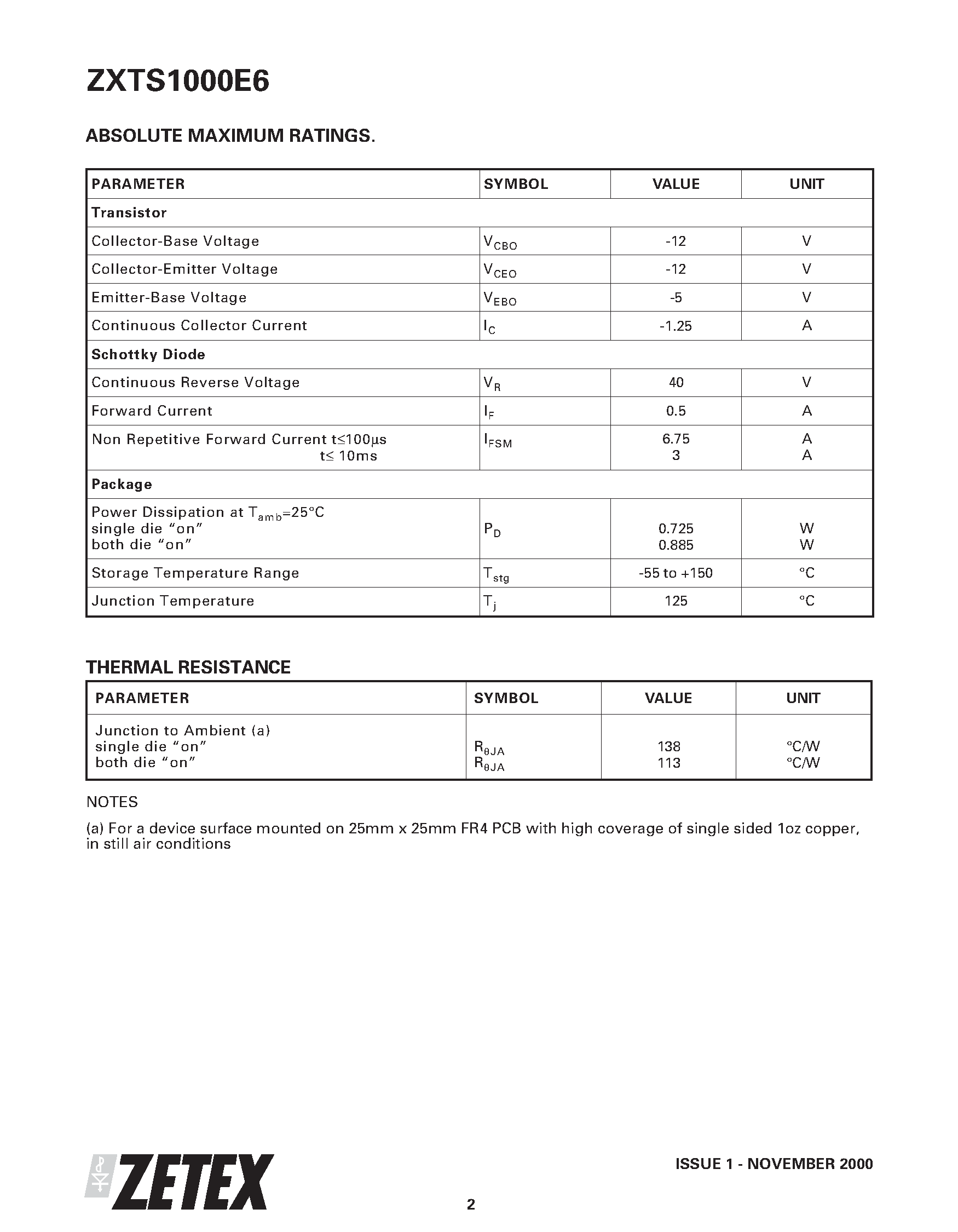 Datasheet ZXTS1000E6 - 12V PNP SILICON LOW SATURATION SWITCHING TRANSISTOR AND SCHOTTKY DIODE page 2