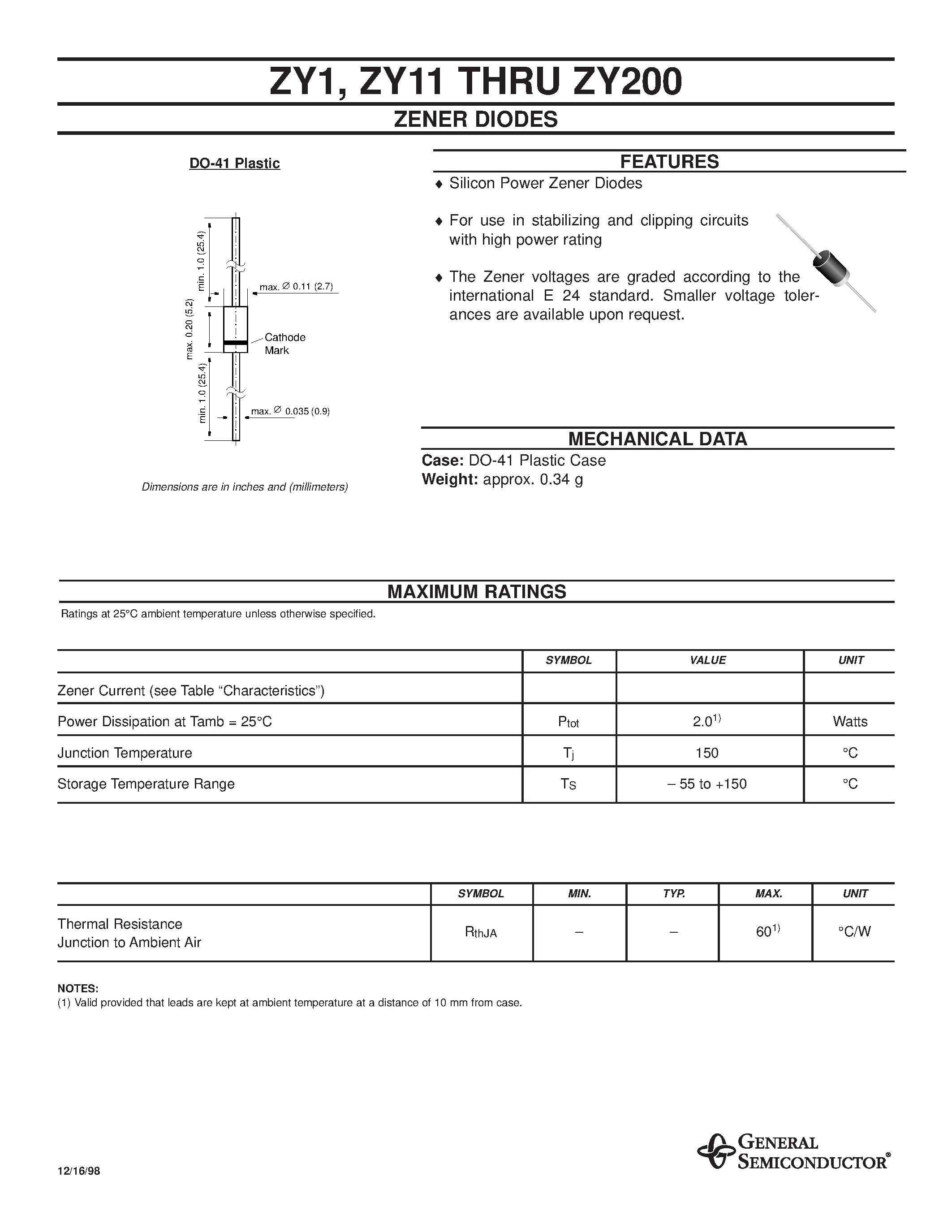 Datasheet ZY160 - ZENER DIODES page 1