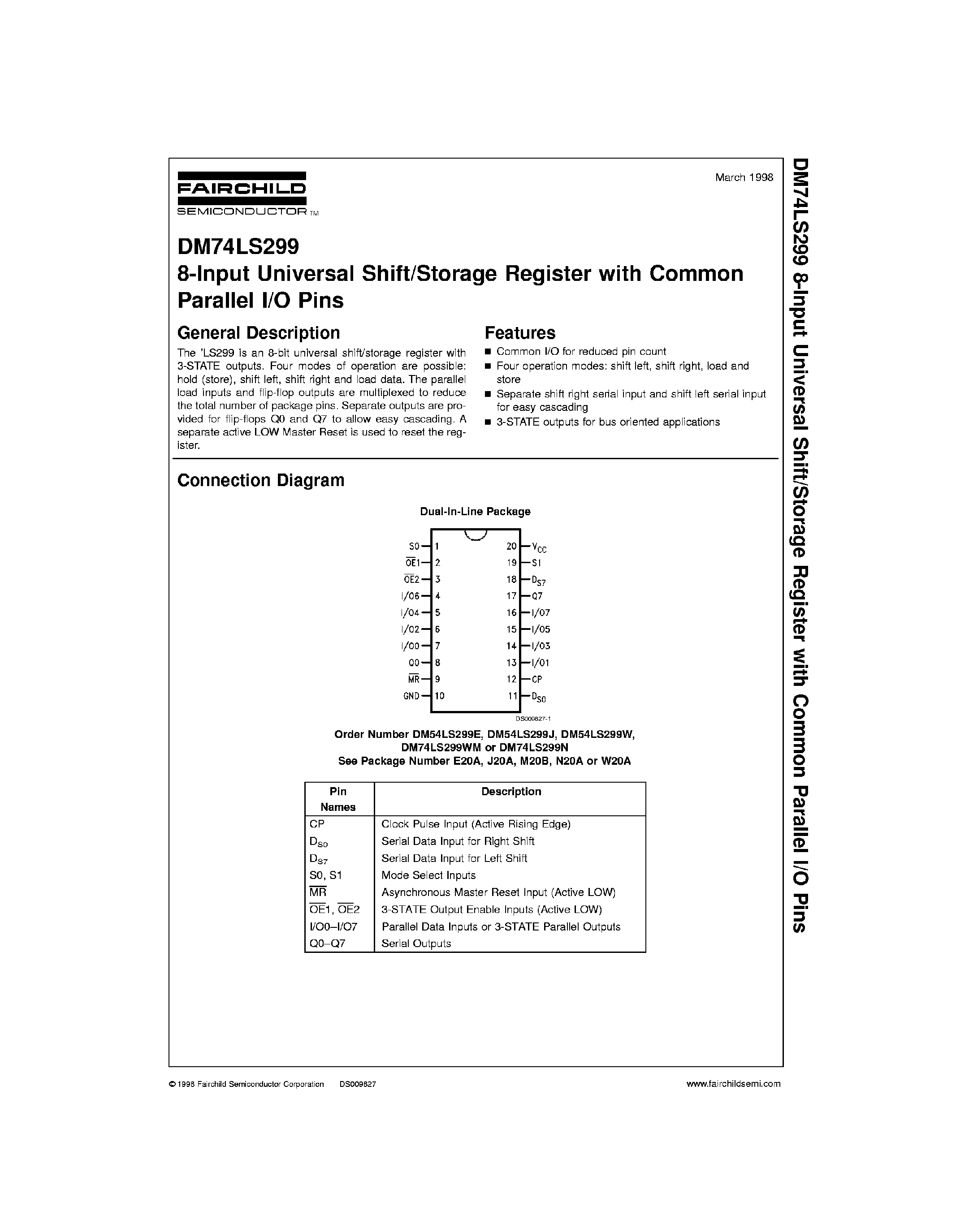 Datasheet 74LS299 - 8-Input Universal Shift / Storage Register with Common Parallel I/O Pins page 1