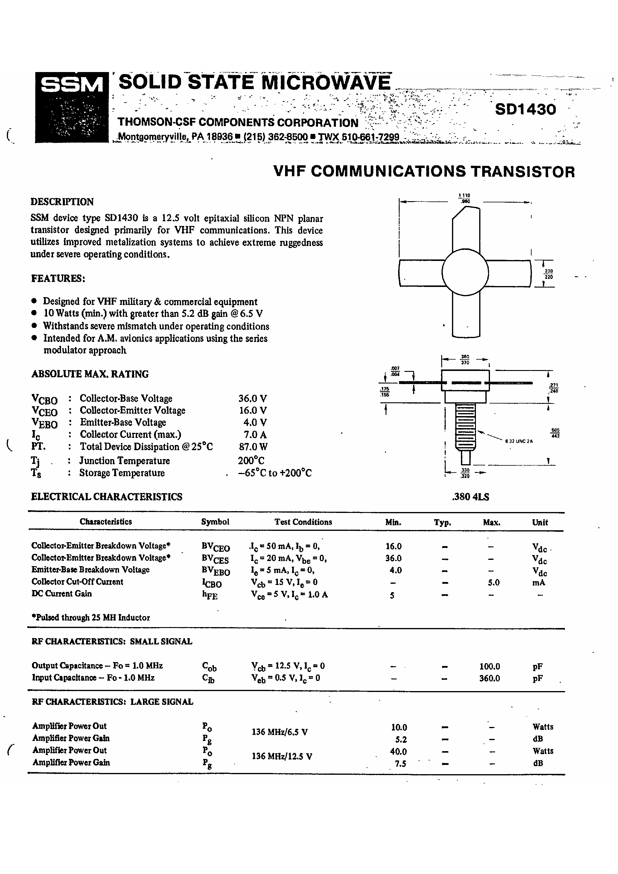 Datasheet SD1430 - Solid State Microwave page 1