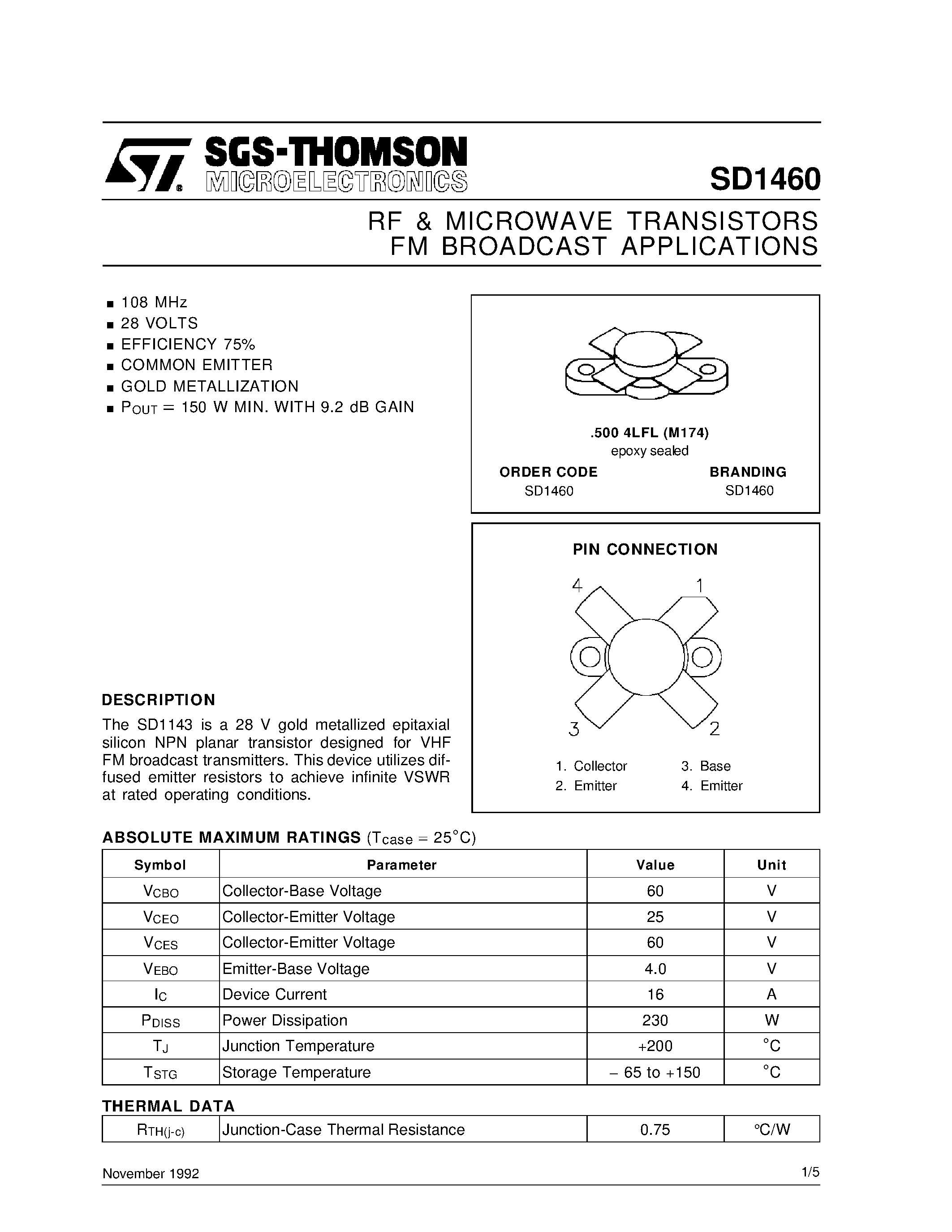 Datasheet SD1460 - RF & MICROWAVE TRANSISTORS FM BROADCAST APPLICATIONS page 1