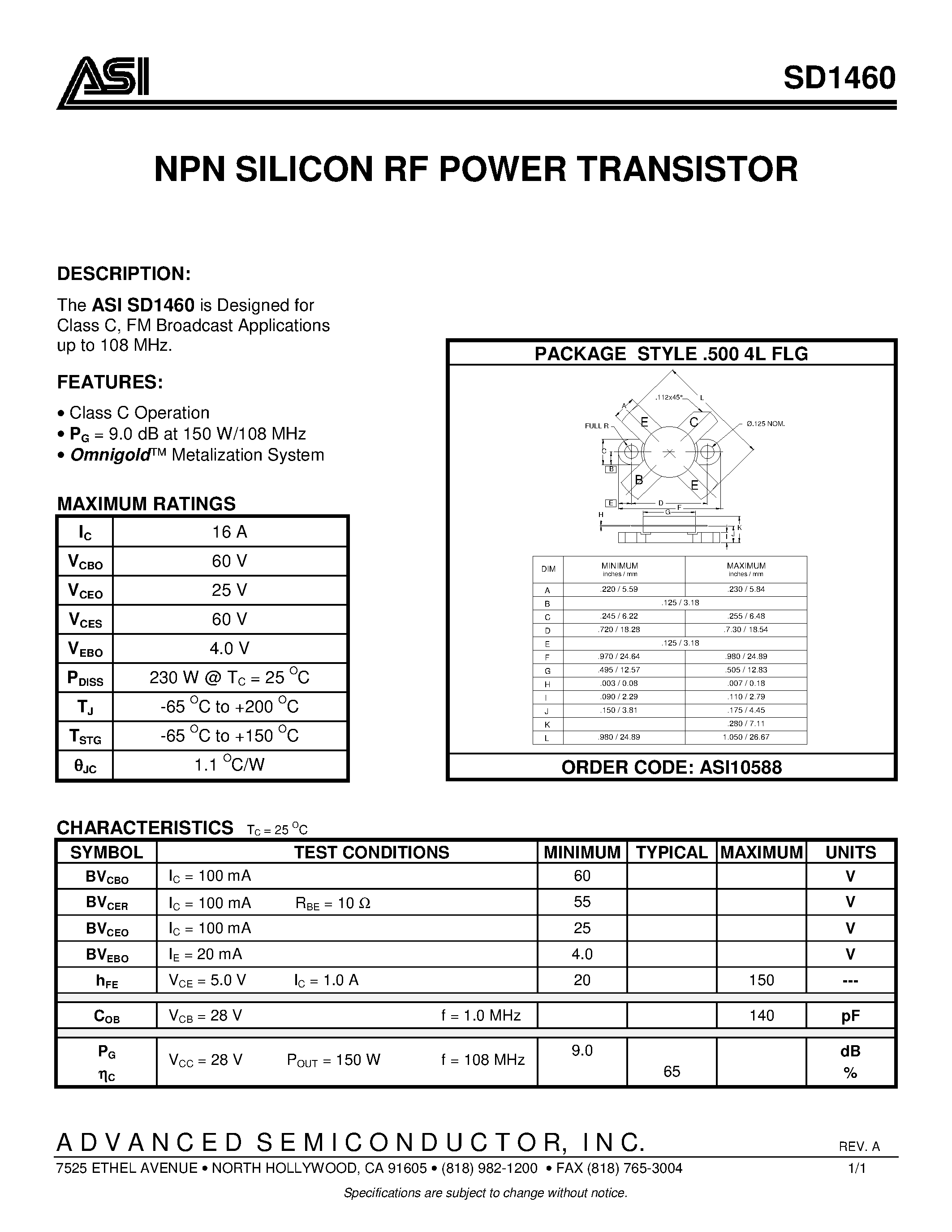 Datasheet SD1460 - NPN Silicon RF Power Transistor page 1