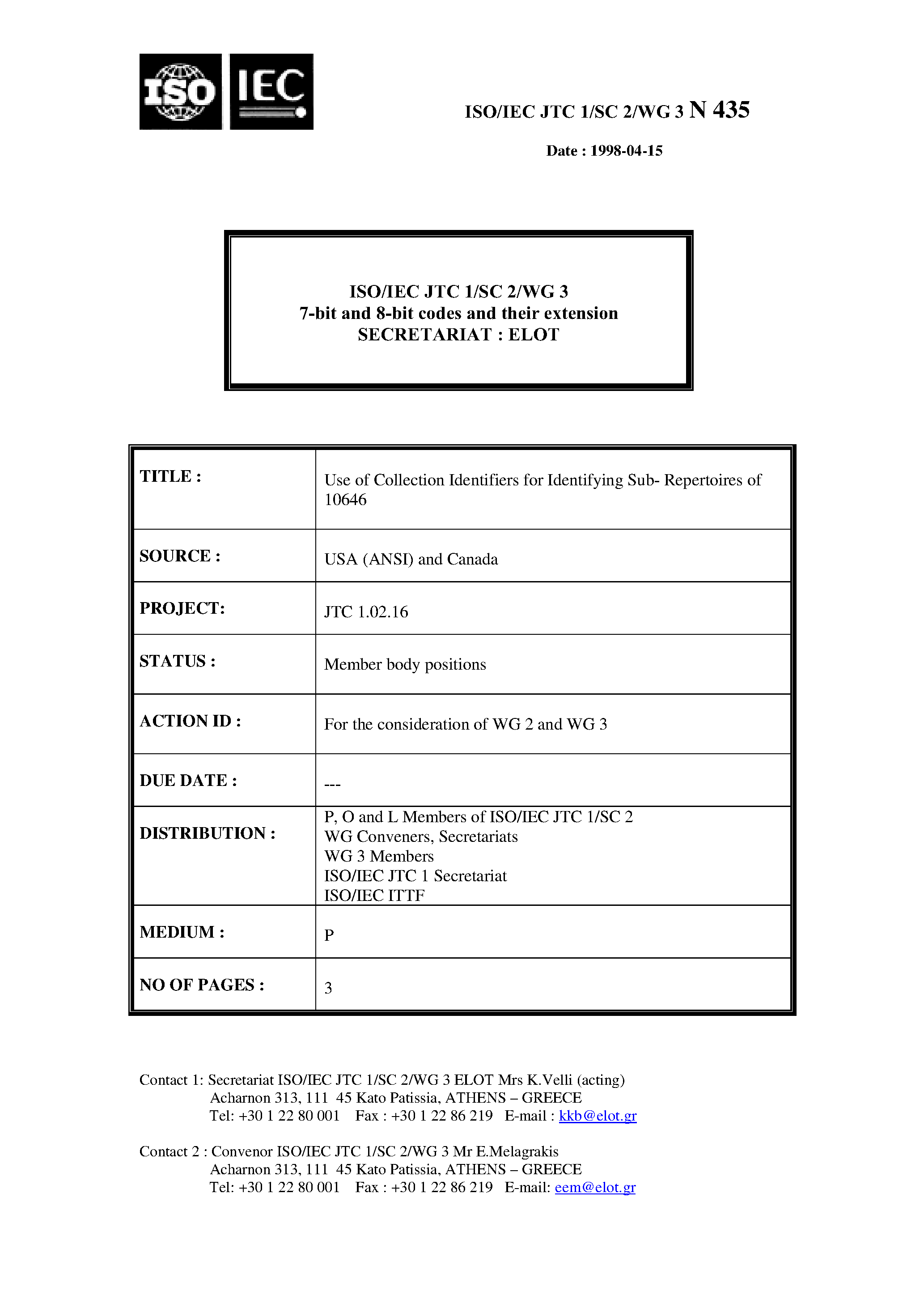 Даташит N435 - ISO/IEC JTC 1/SIC 2/WG 3 7-bit and 8-bit codes and their extension SECRETARIAT страница 1