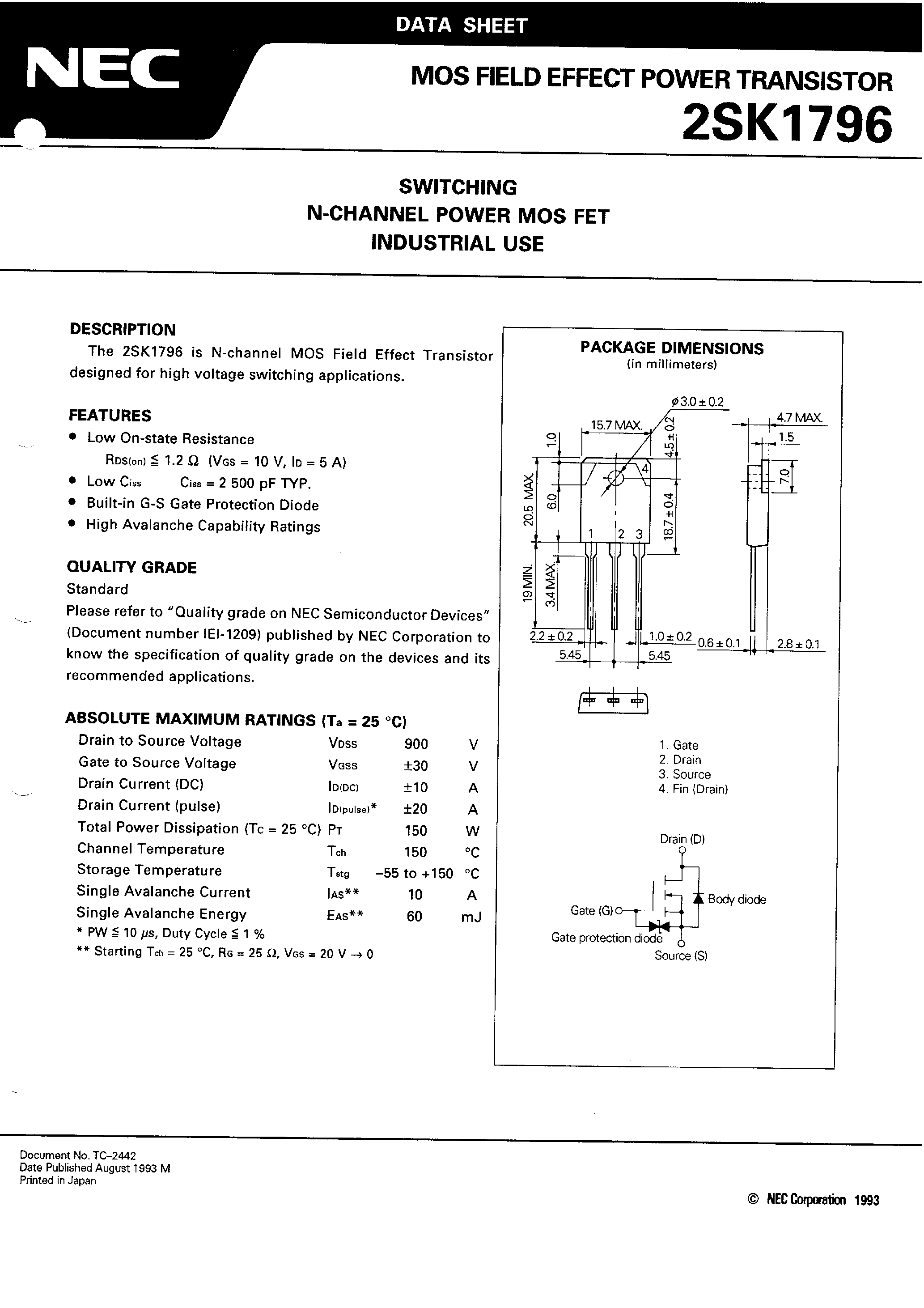 Datasheet 2SK1796 - MOS Field Effect Power Transistor page 2