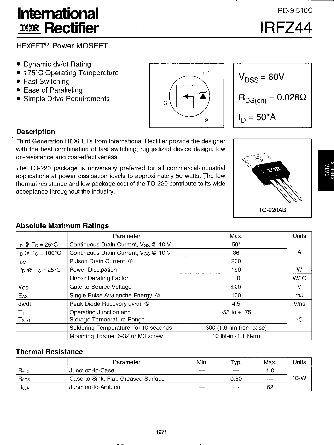 Даташит IRFZ44 - Power MOSFET страница 1