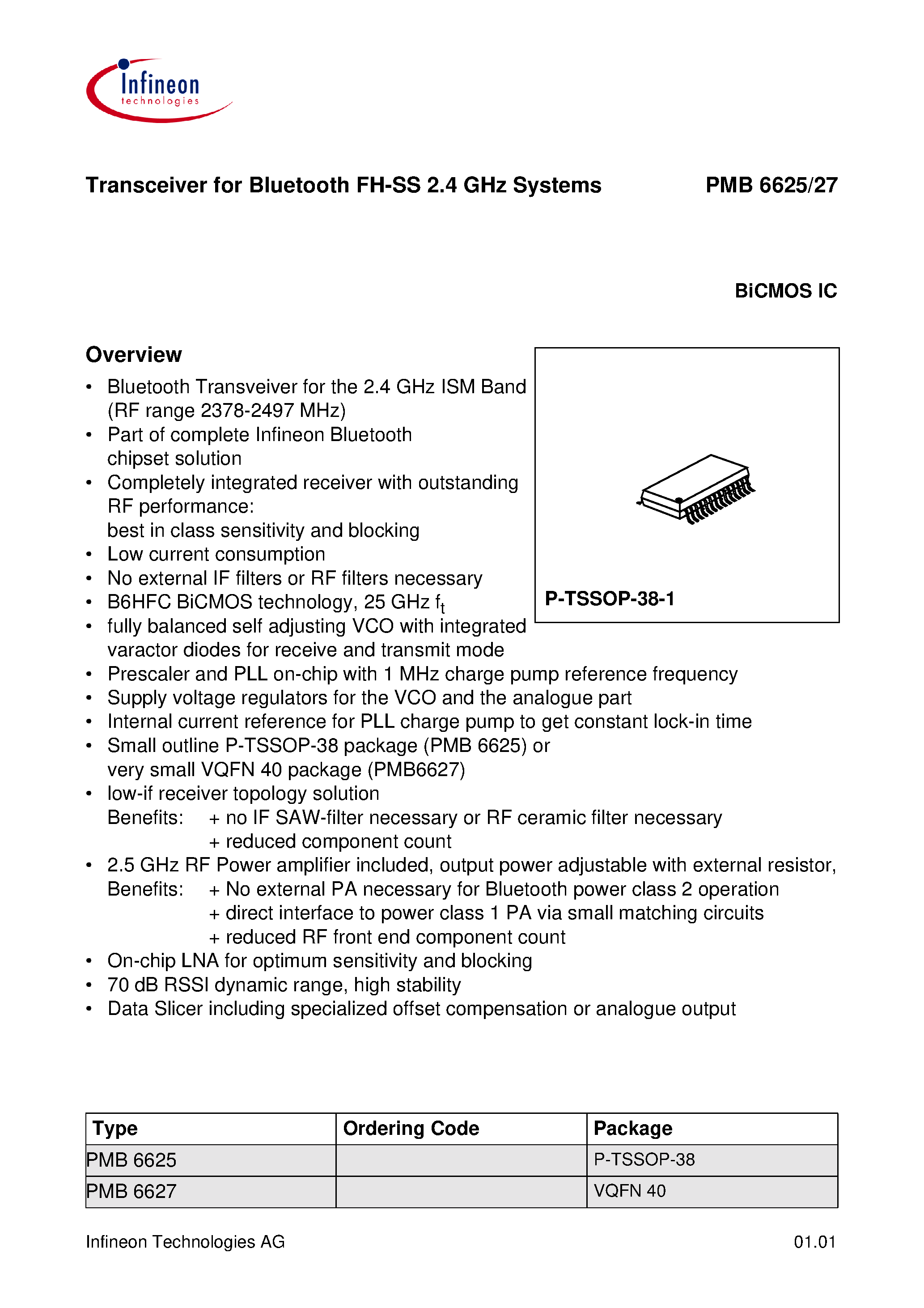 Даташит PMB662x - Transceiver for Bluetooth FH-SS 2.4 Ghz Systems страница 1