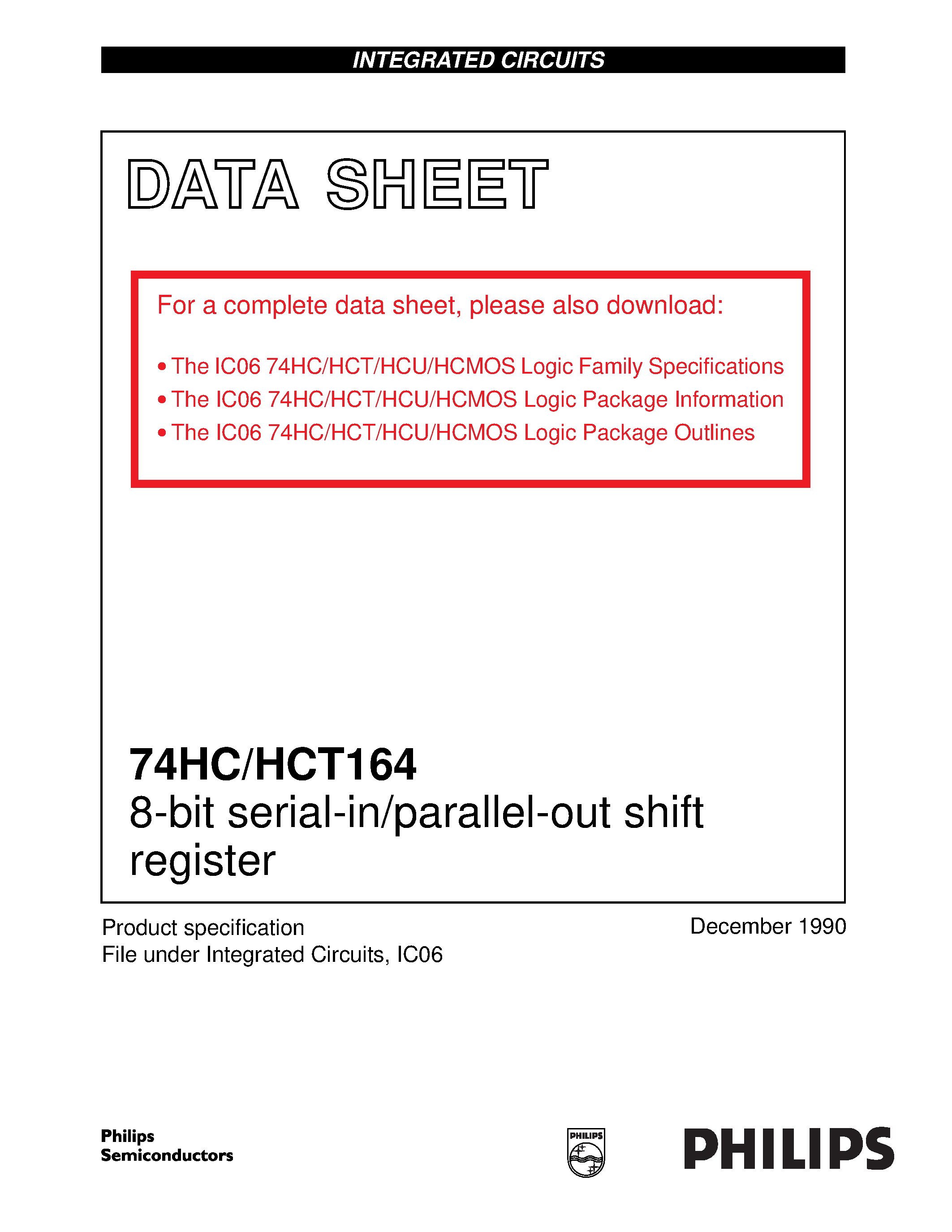Datasheet 74HCT164 - 8-bit serial-in/parallel-out shift register page 1