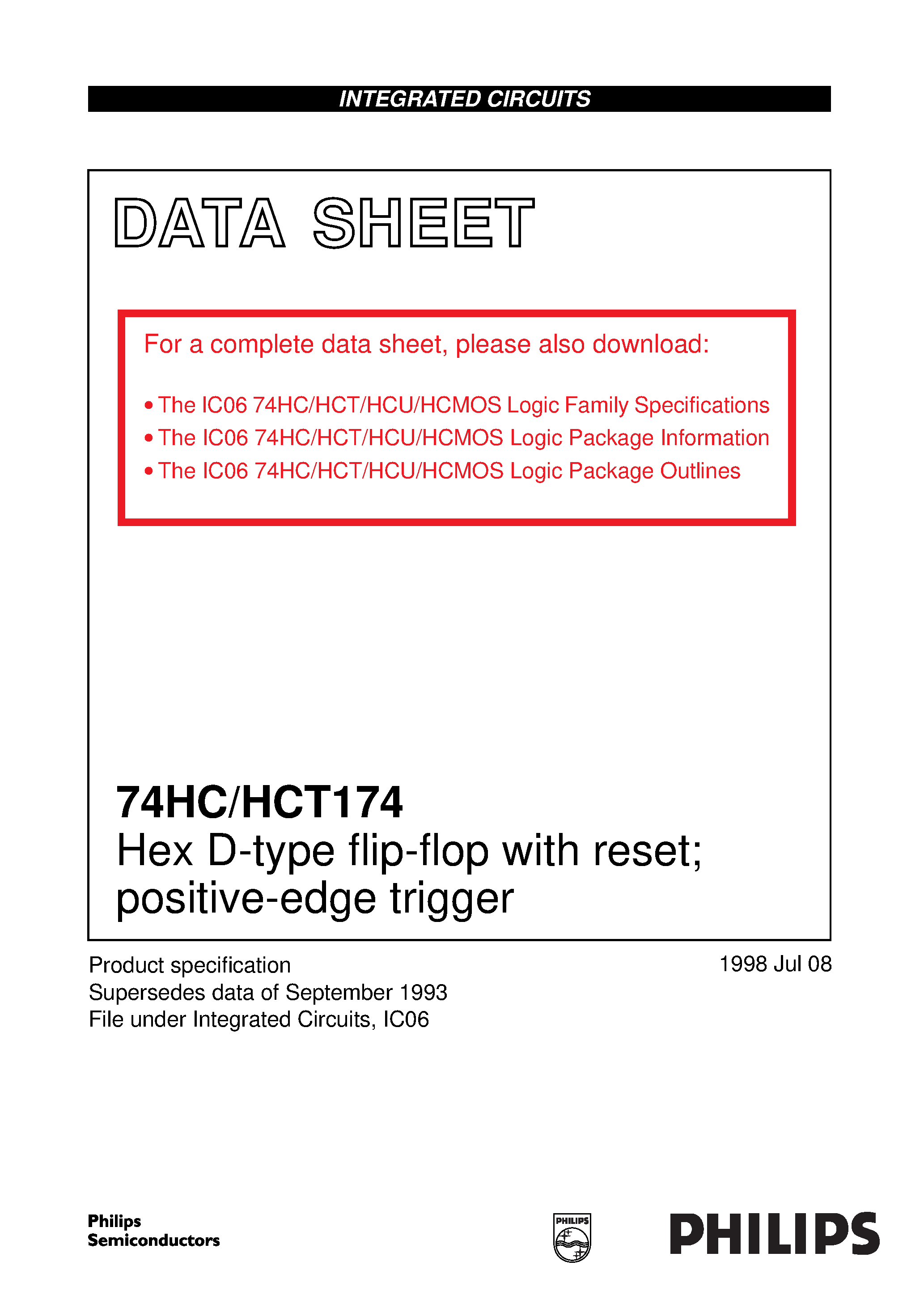 Datasheet 74HCT174 - Hex D-type flip-flop with reset; positive-edge trigger page 1