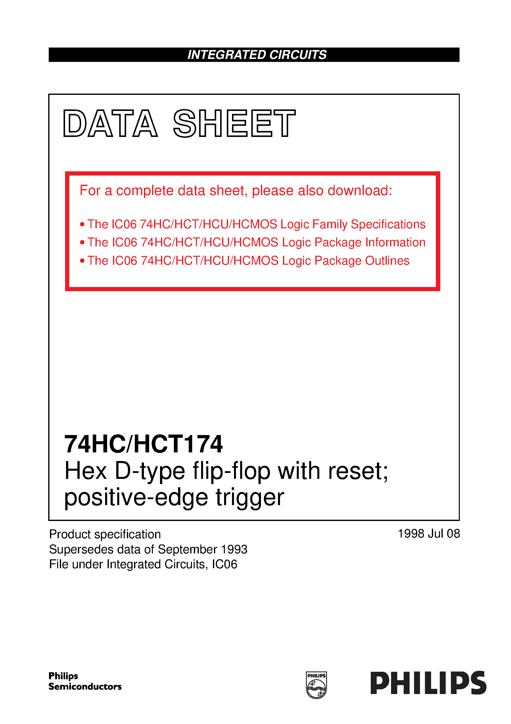 Даташит 74HCT174N - Hex D-type flip-flop with reset; positive-edge trigger страница 1