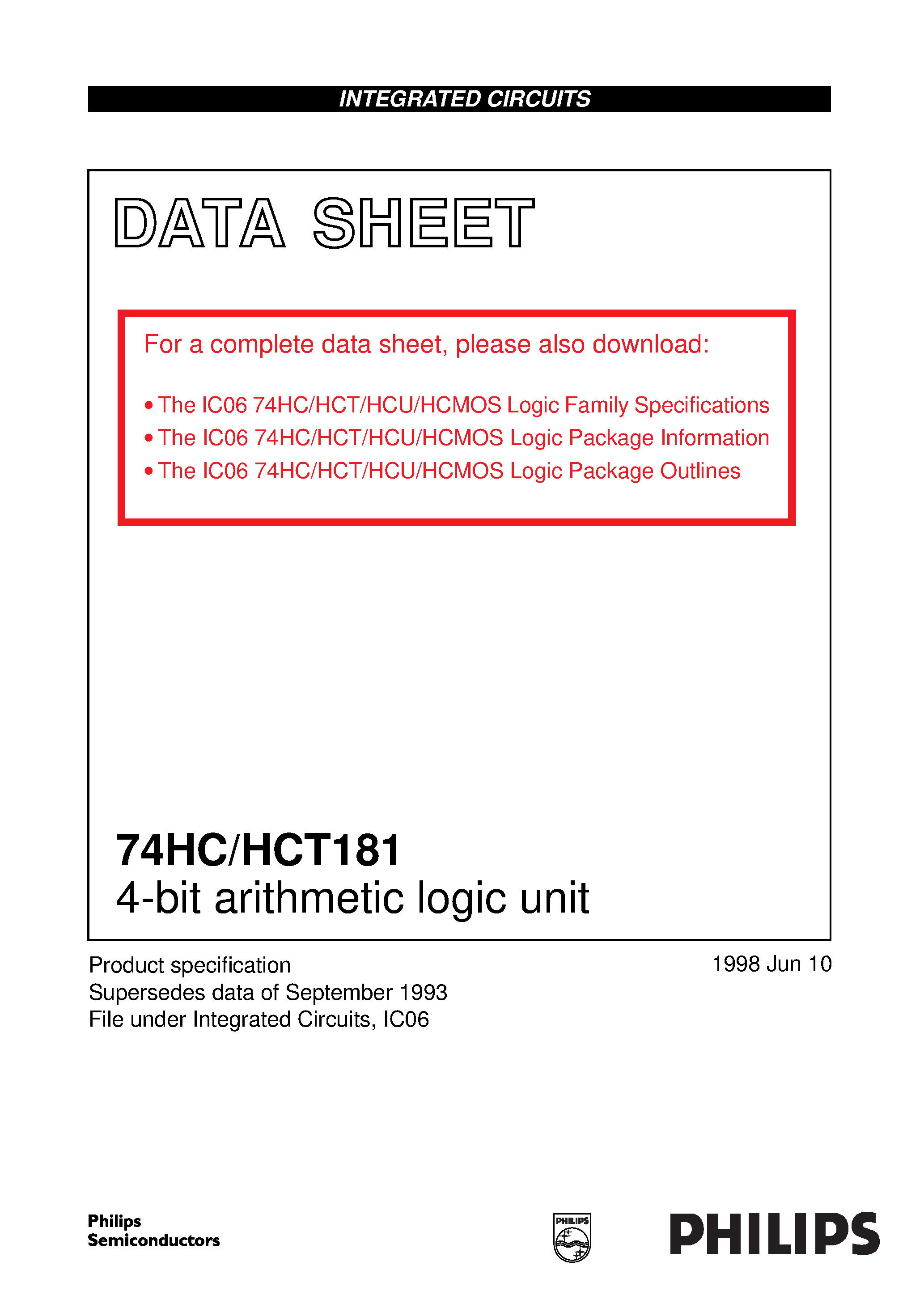 Даташит 74HCT181 - 4-bit arithmetic logic unit страница 1