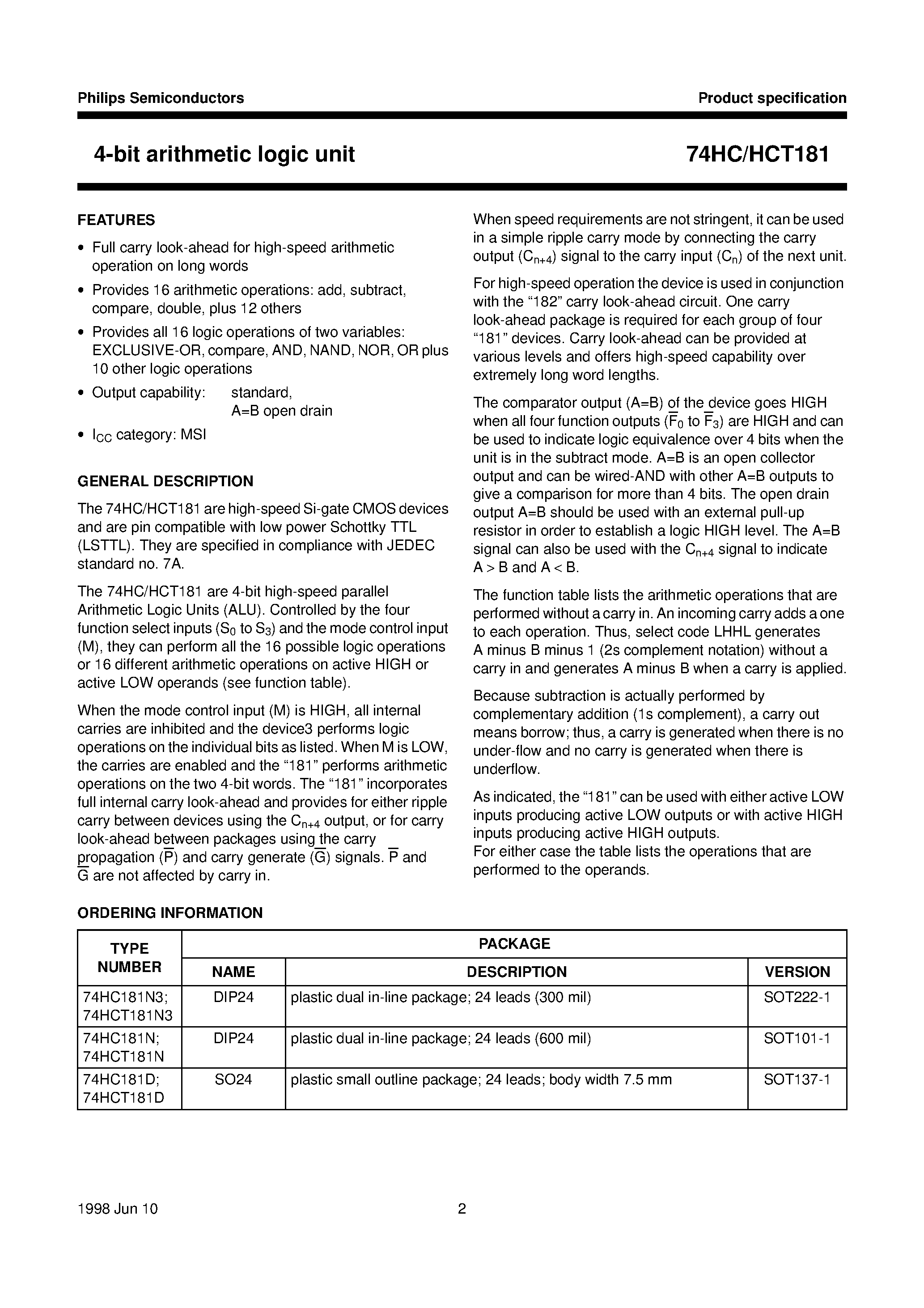 Даташит 74HCT181 - 4-bit arithmetic logic unit страница 2