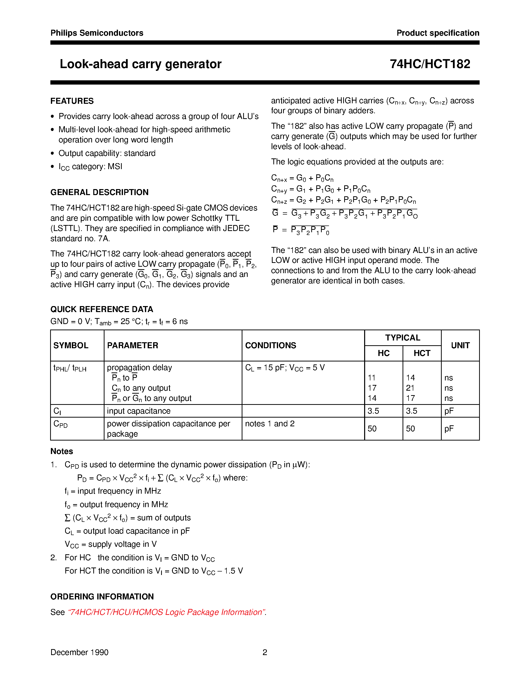 Даташит 74HCT182 - Look-ahead carry generator страница 2