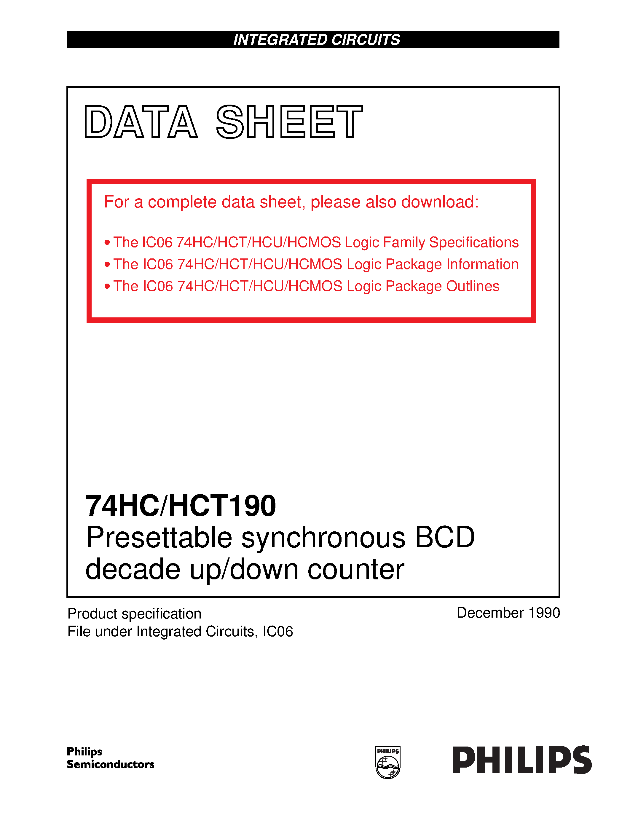 Datasheet 74HCT190 - Presettable synchronous BCD decade up/down counter page 1