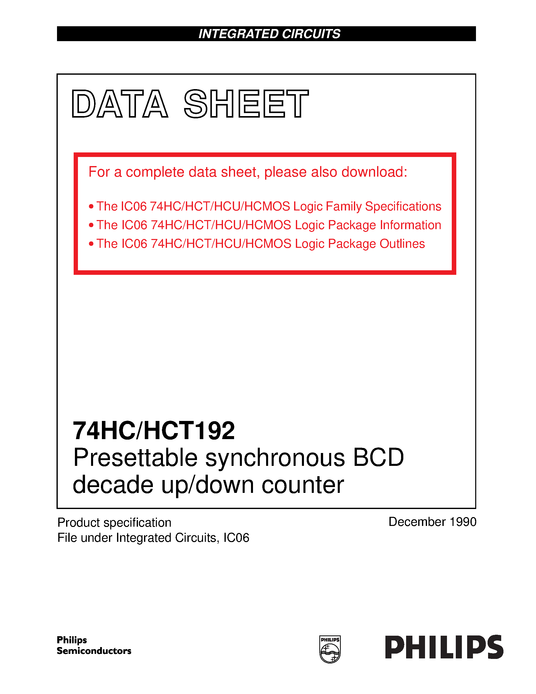 Datasheet 74HCT192 - Presettable synchronous BCD decade up/down counter page 1