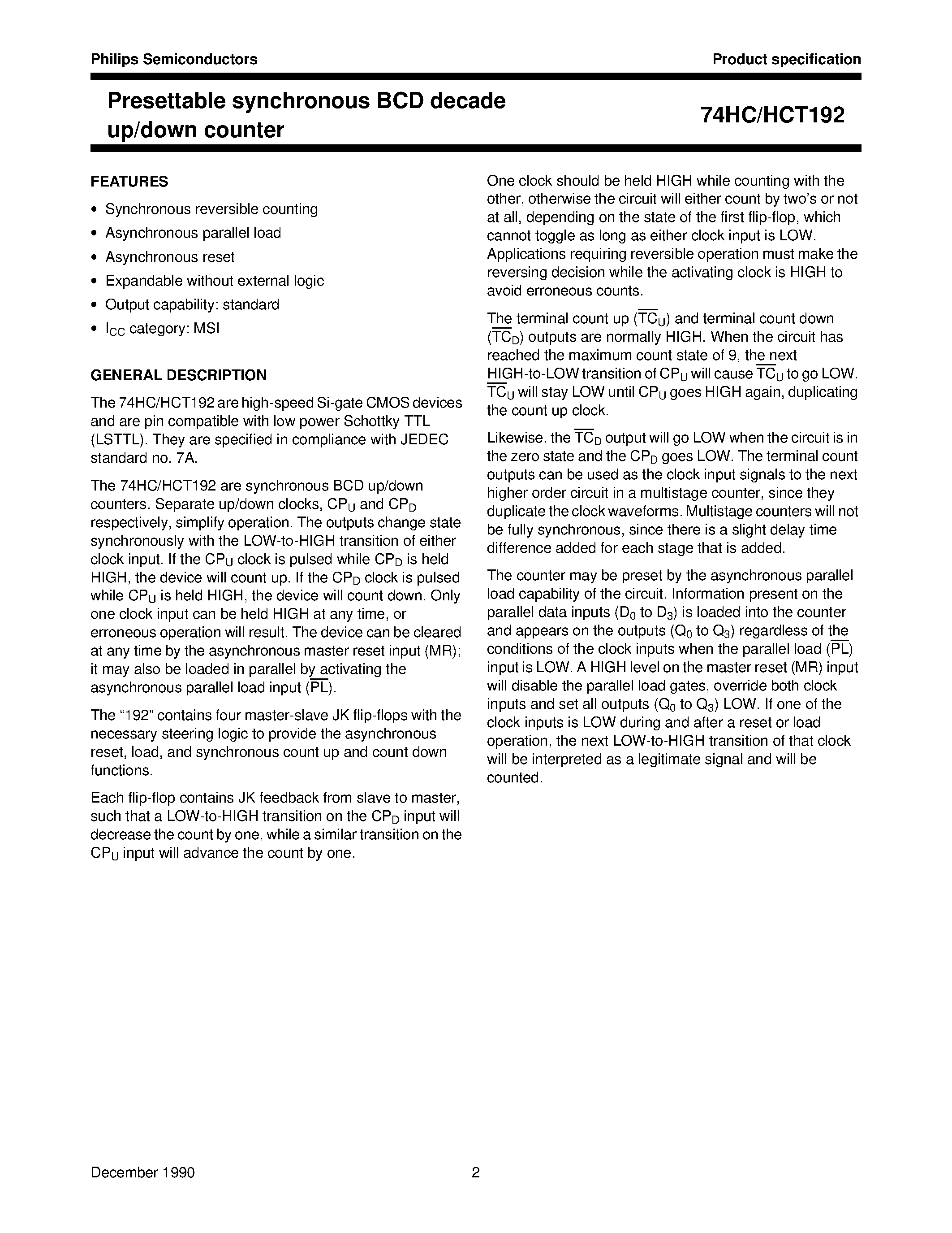 Datasheet 74HCT192 - Presettable synchronous BCD decade up/down counter page 2