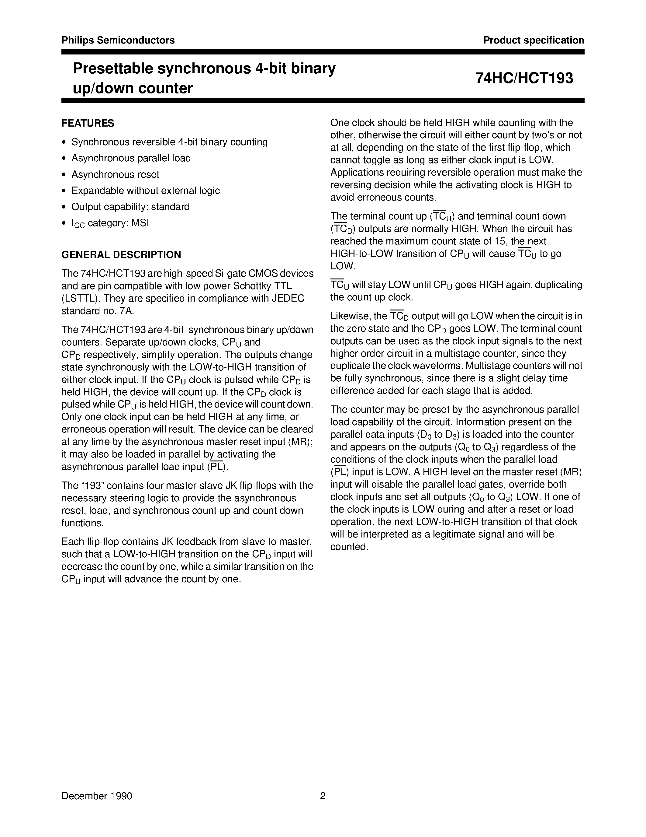 Datasheet 74HCT193 - Presettable synchronous 4-bit binary up/down counter page 2