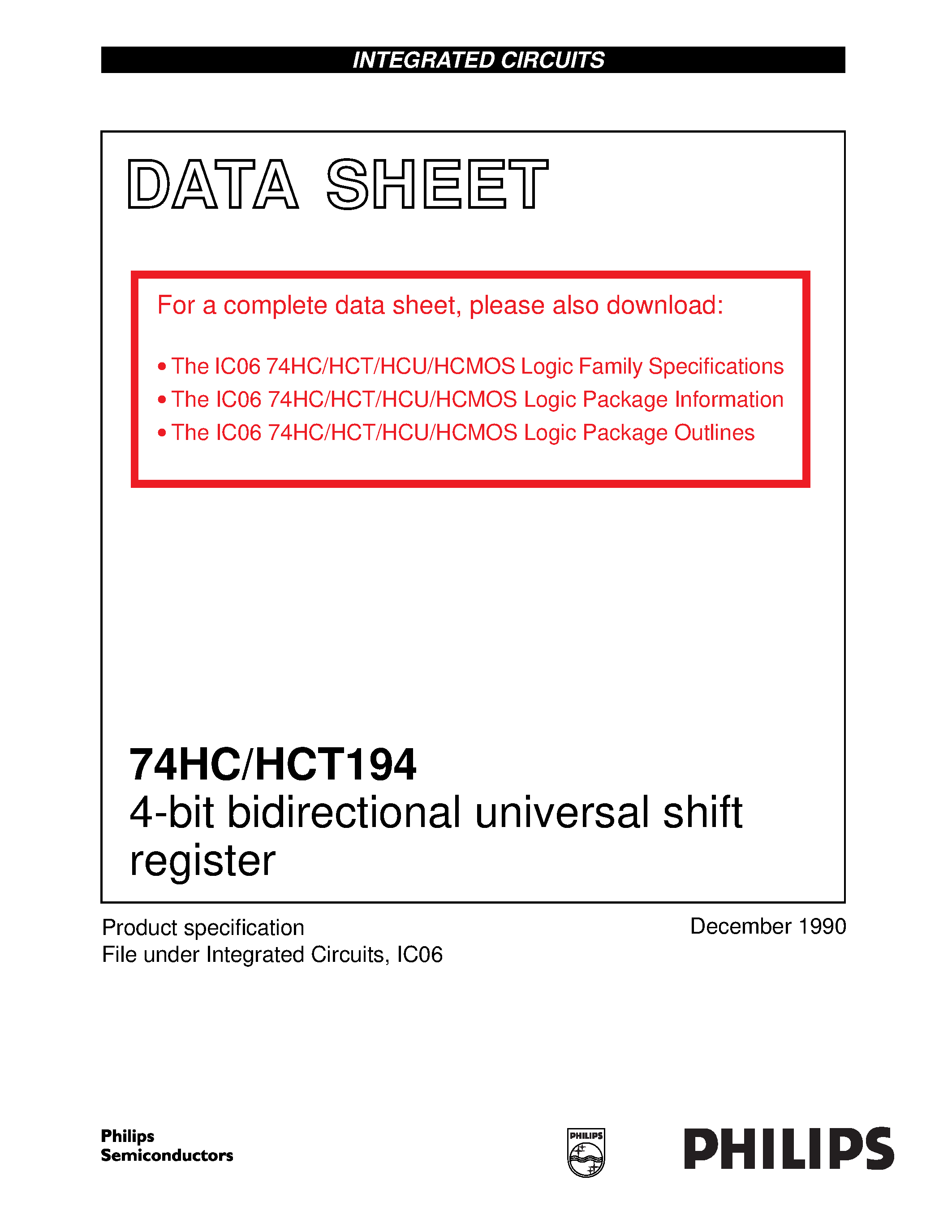 Datasheet 74HCT194 - 4-bit bidirectional universal shift register page 1