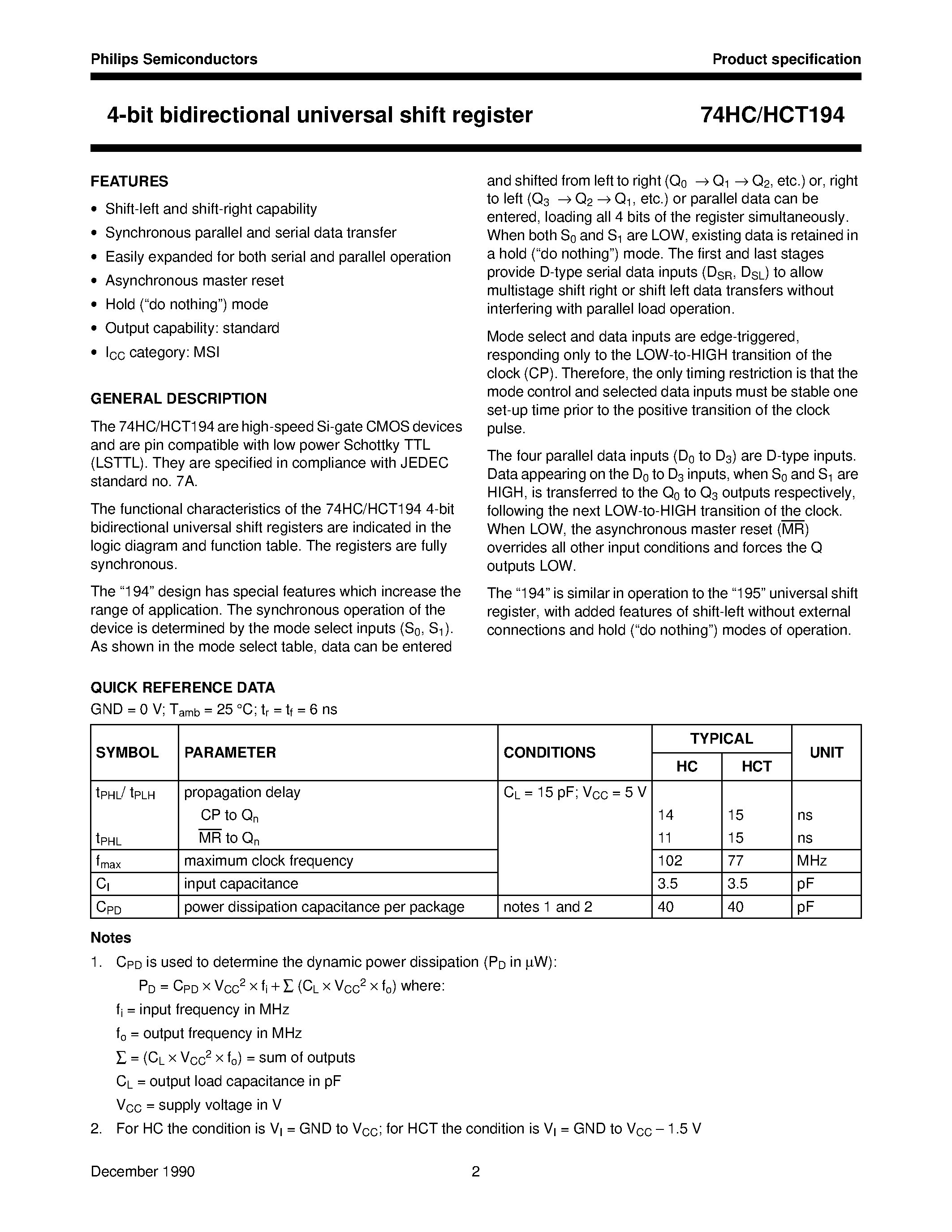 Datasheet 74HCT194 - 4-bit bidirectional universal shift register page 2