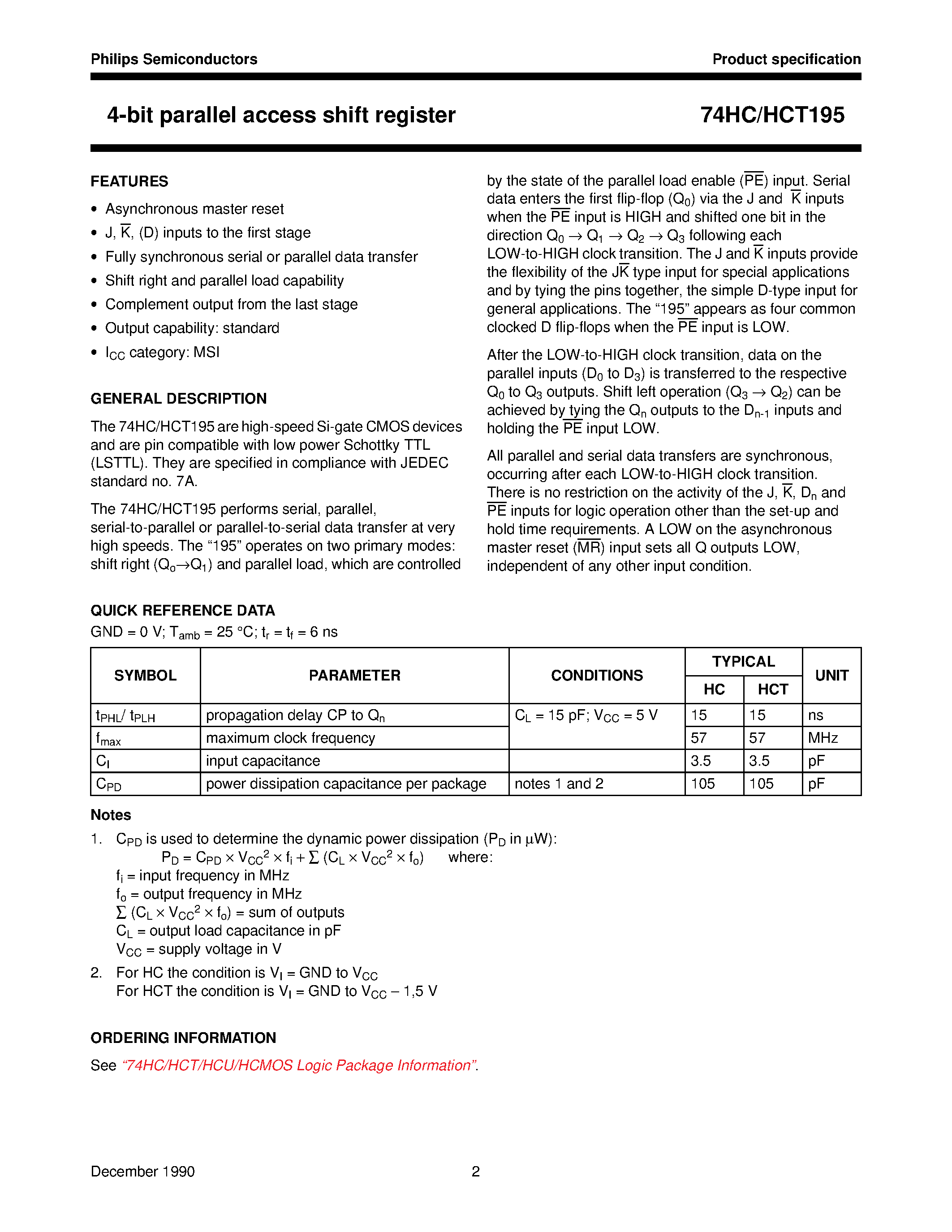 Datasheet 74HCT195 - 4-bit parallel access shift register page 2