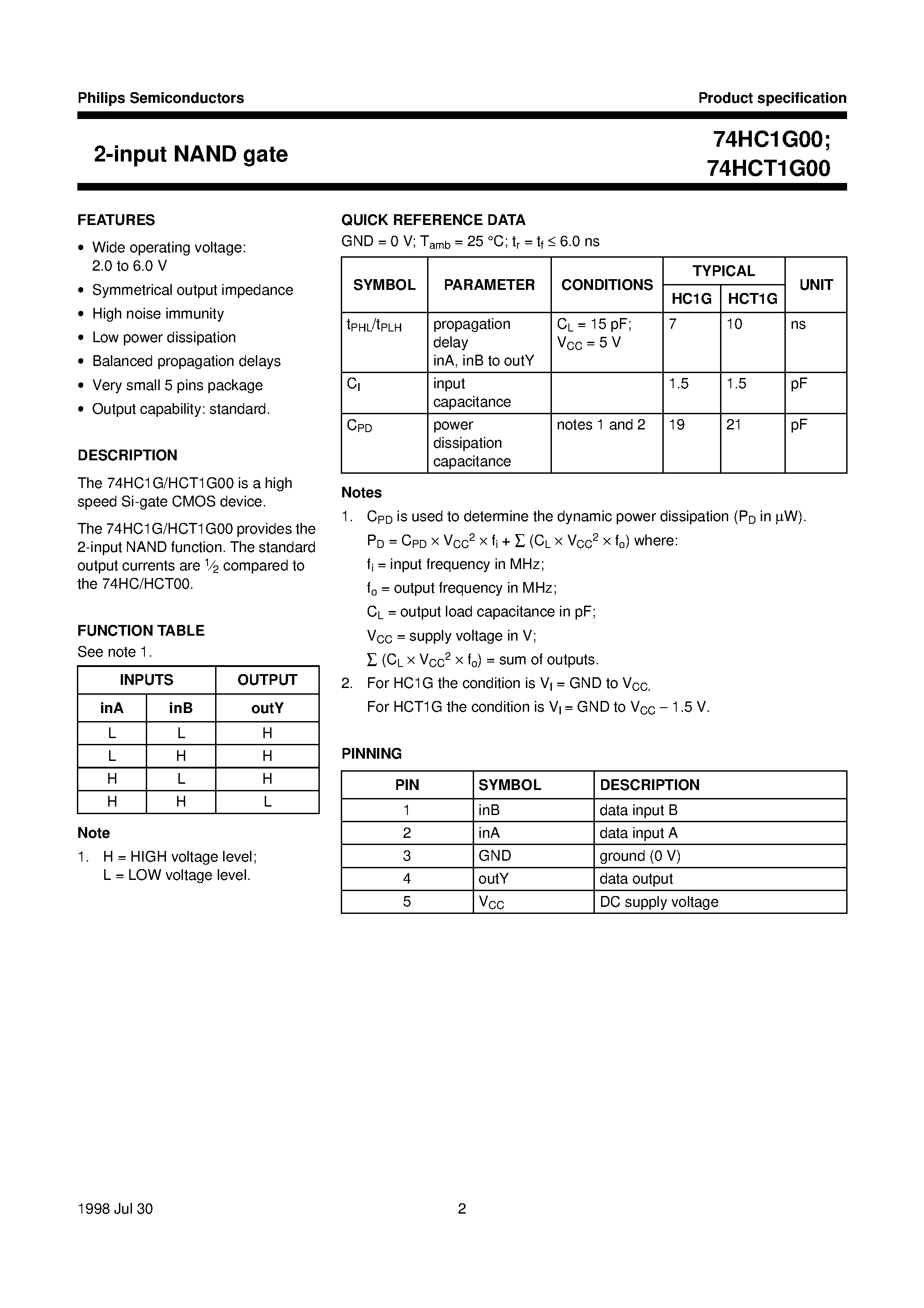 Datasheet 74HCT1G00 - 2-input NAND gate page 2