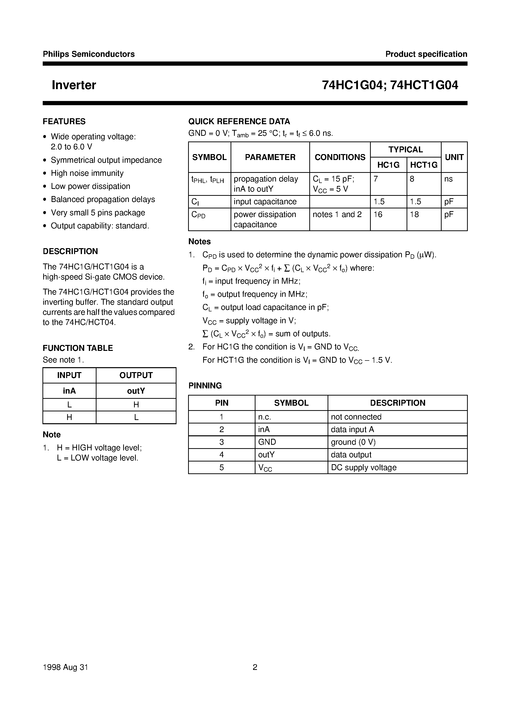 Datasheet 74HCT1G04 - Inverter page 2