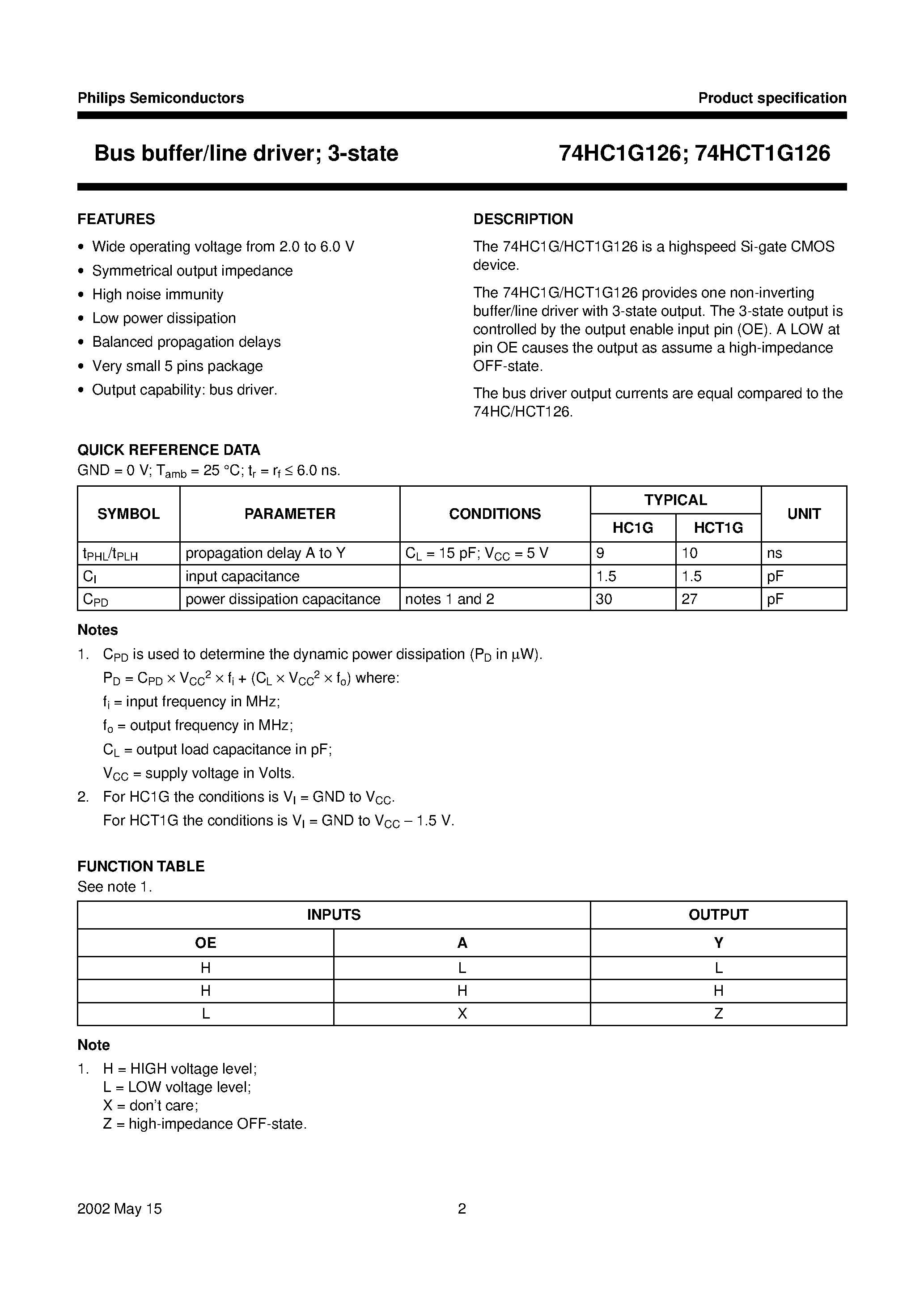 Datasheet 74HCT1G126 - Bus buffer/line driver; 3-state page 2