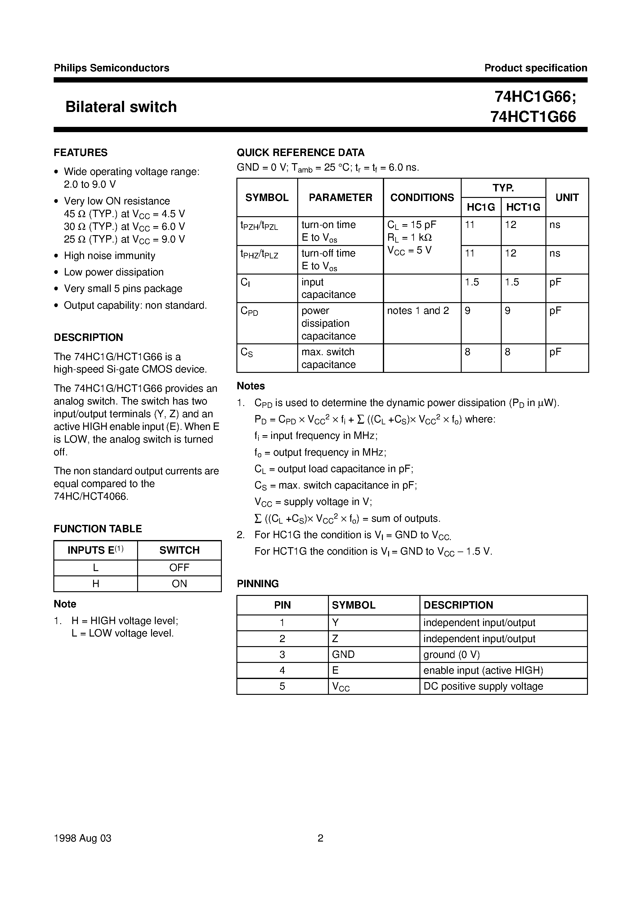 Datasheet 74HCT1G66 - Bilateral switch page 2