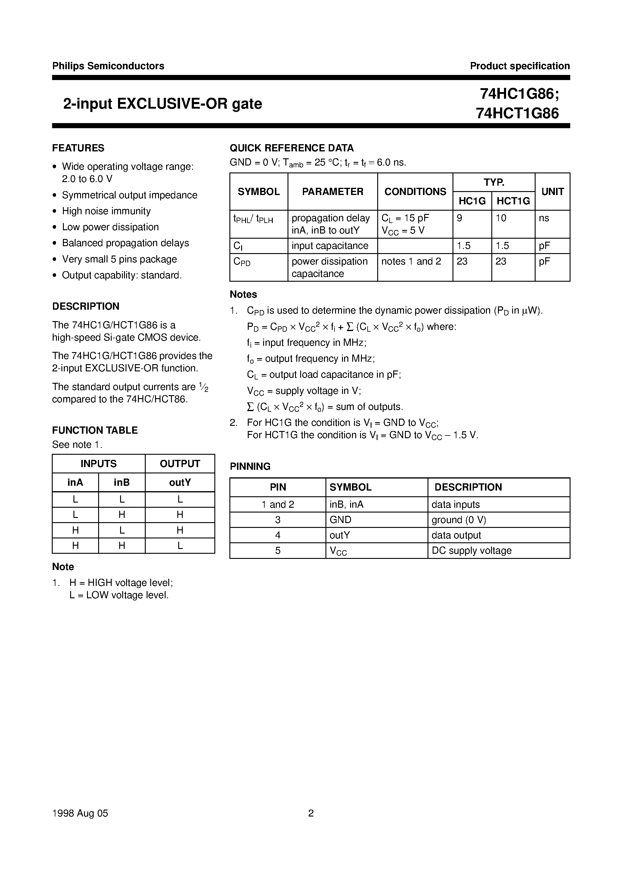 Datasheet 74HCT1G86 - 2-input EXCLUSIVE-OR gate page 2