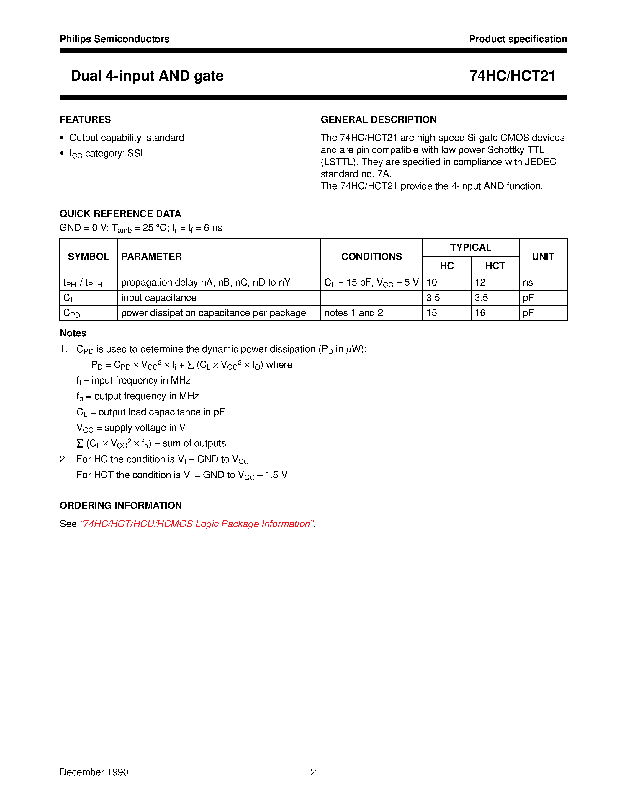 Datasheet 74HCT21 - Dual 4-input AND gate page 2