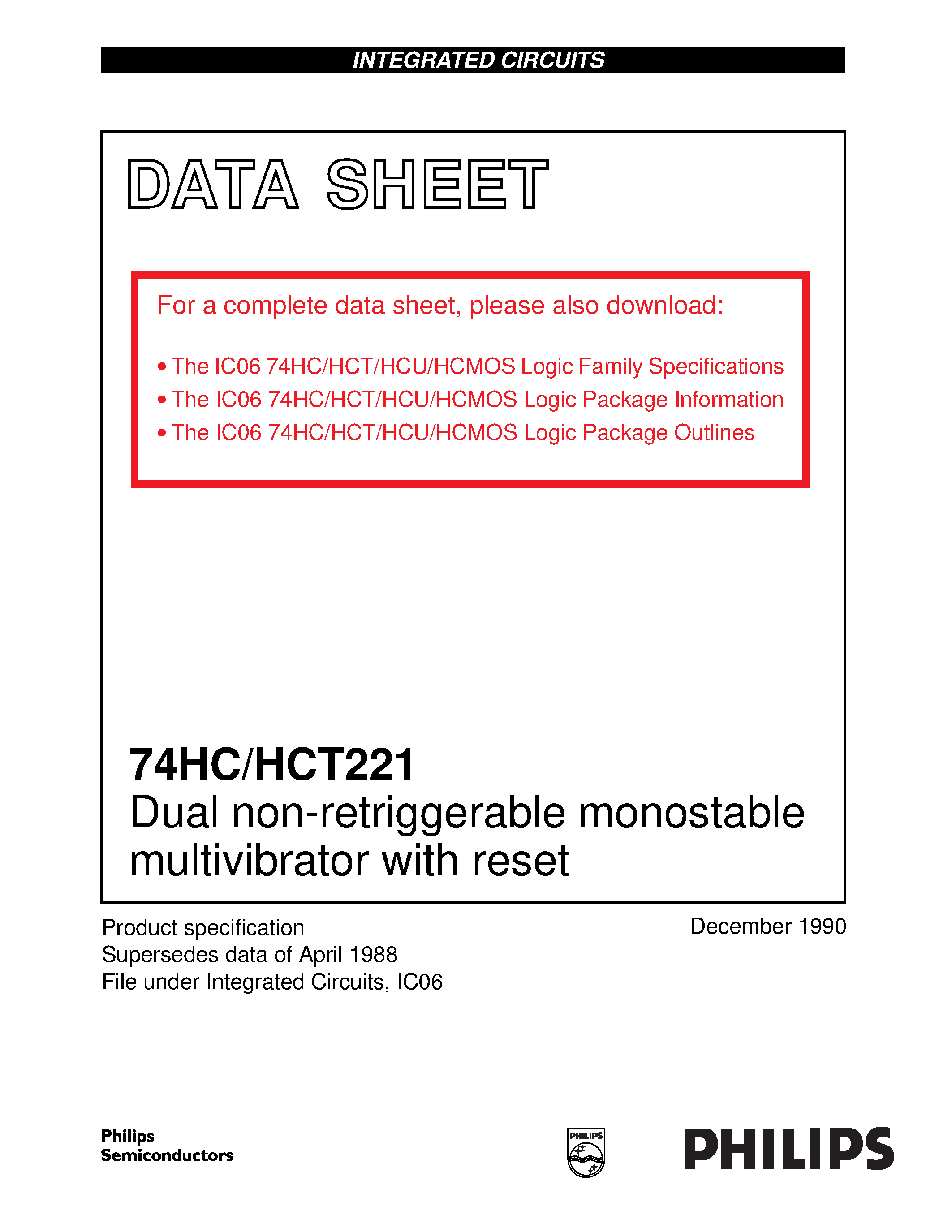 Datasheet 74HCT221 - Dual non-retriggerable monostable multivibrator with reset page 1