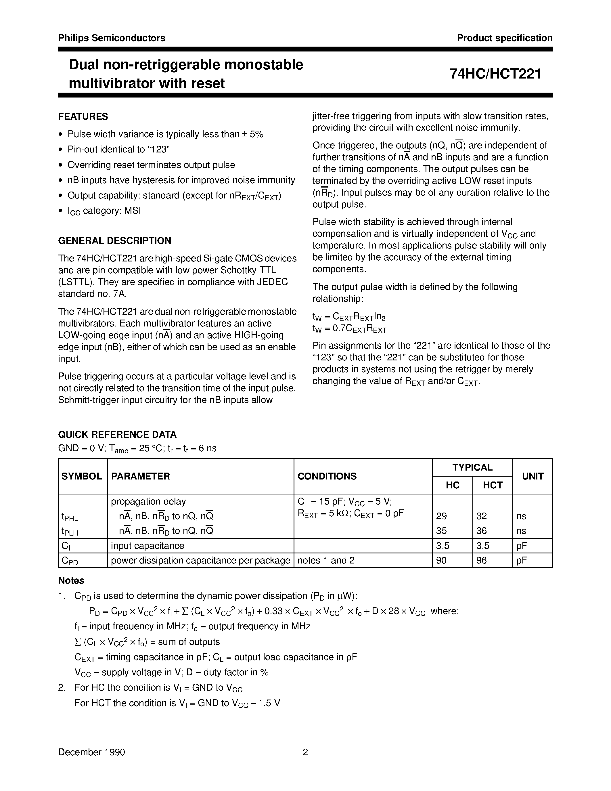 Datasheet 74HCT221 - Dual non-retriggerable monostable multivibrator with reset page 2