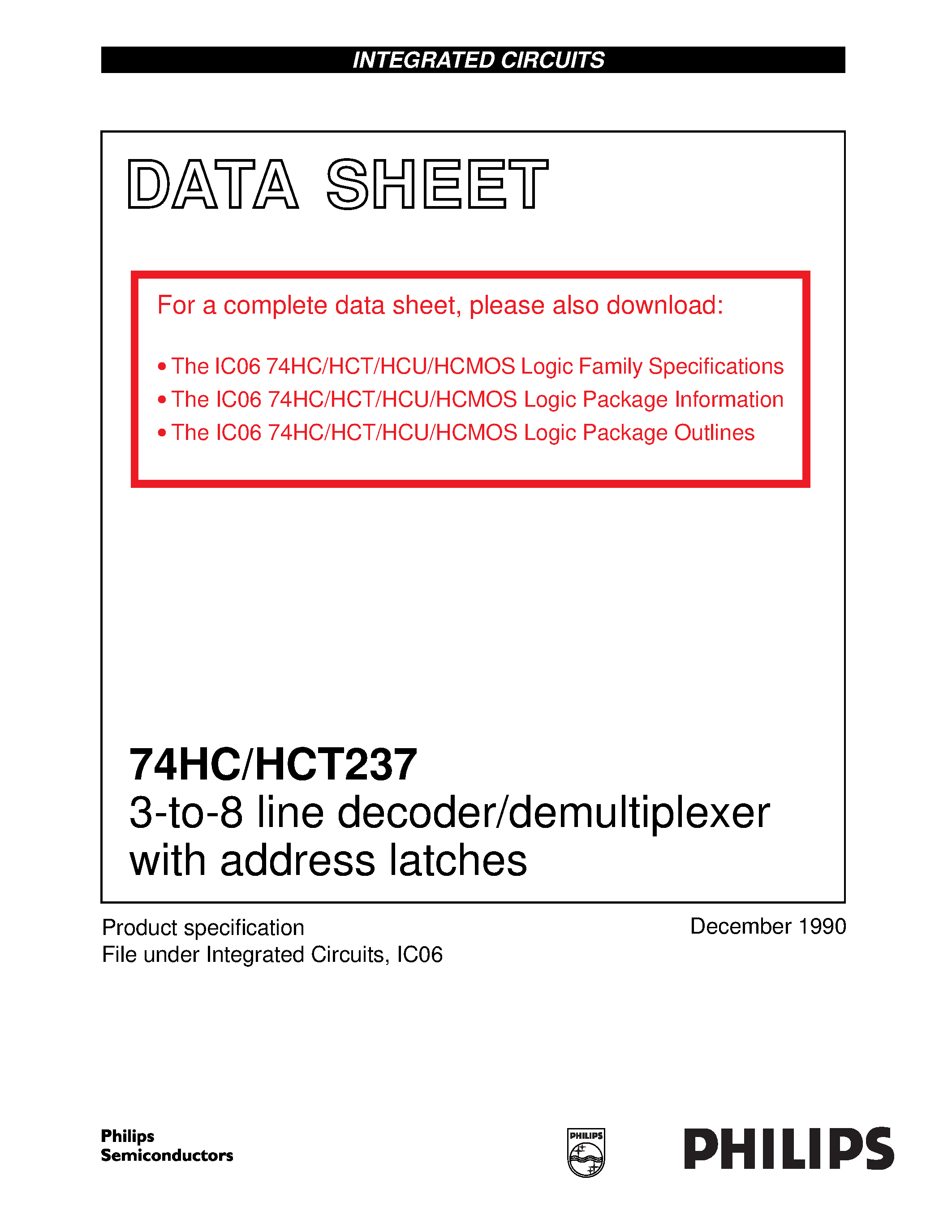 Datasheet 74HCT237 - 3-to-8 line decoder/demultiplexer with address latches page 1