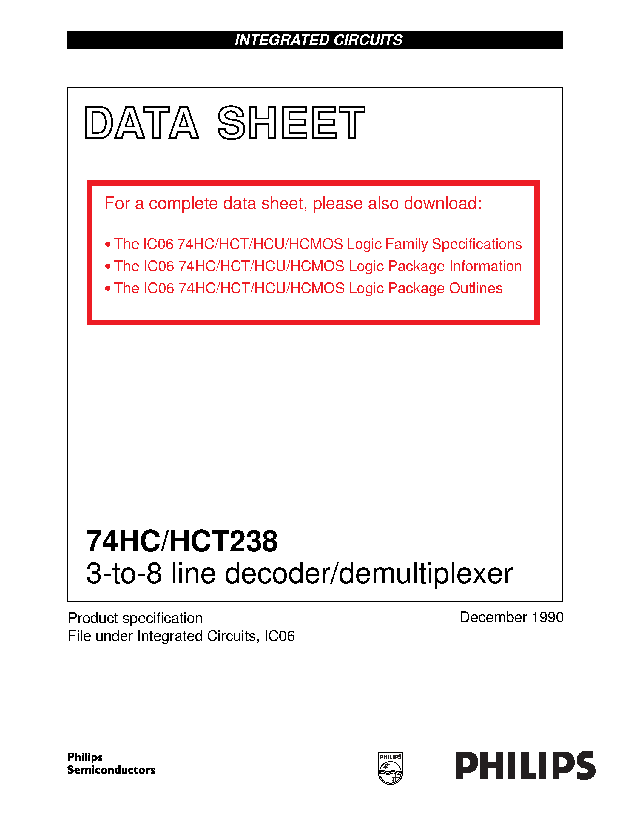 Datasheet 74HCT238 - 3-to-8 line decoder/demultiplexer page 1