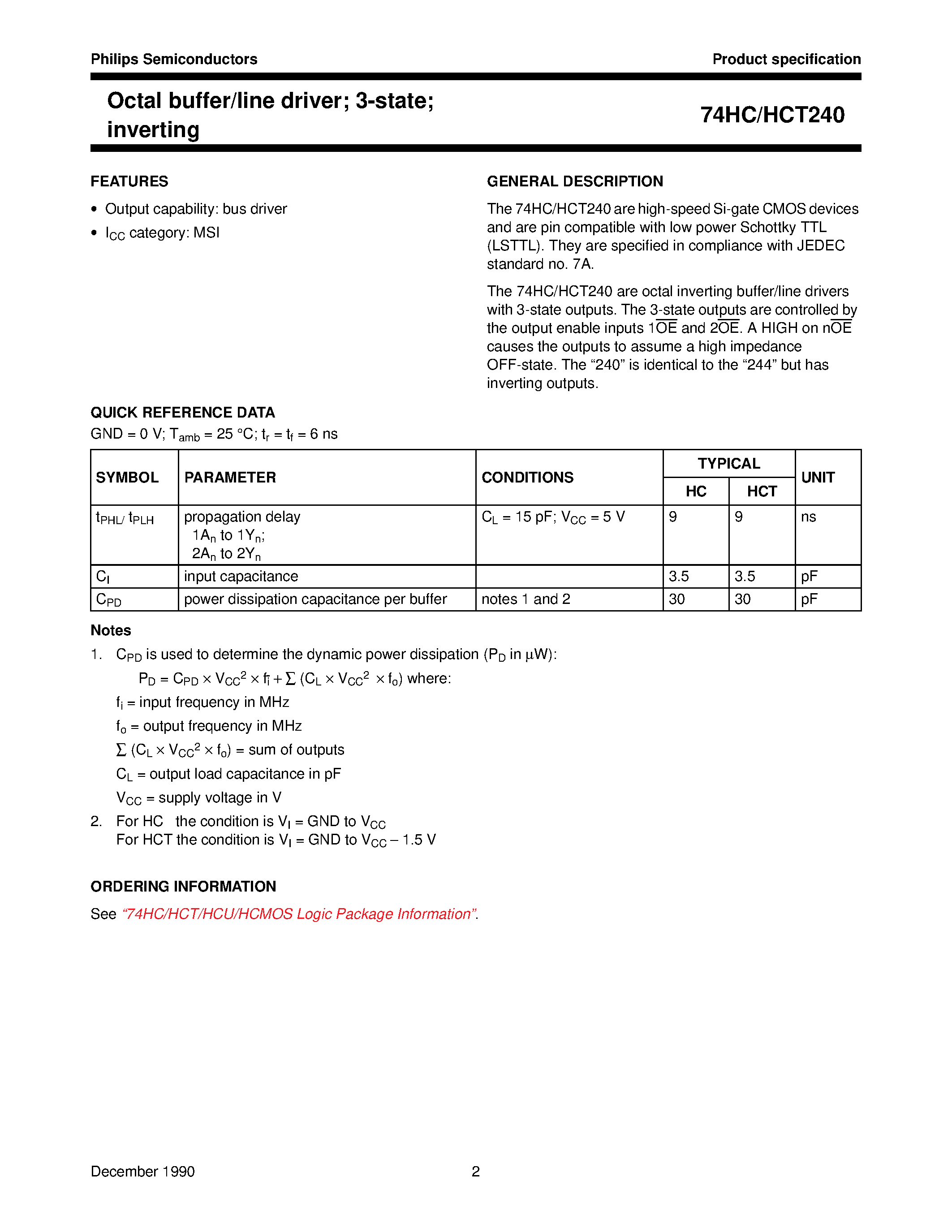 Datasheet 74HCT240 - Octal buffer/line driver; 3-state; inverting page 2